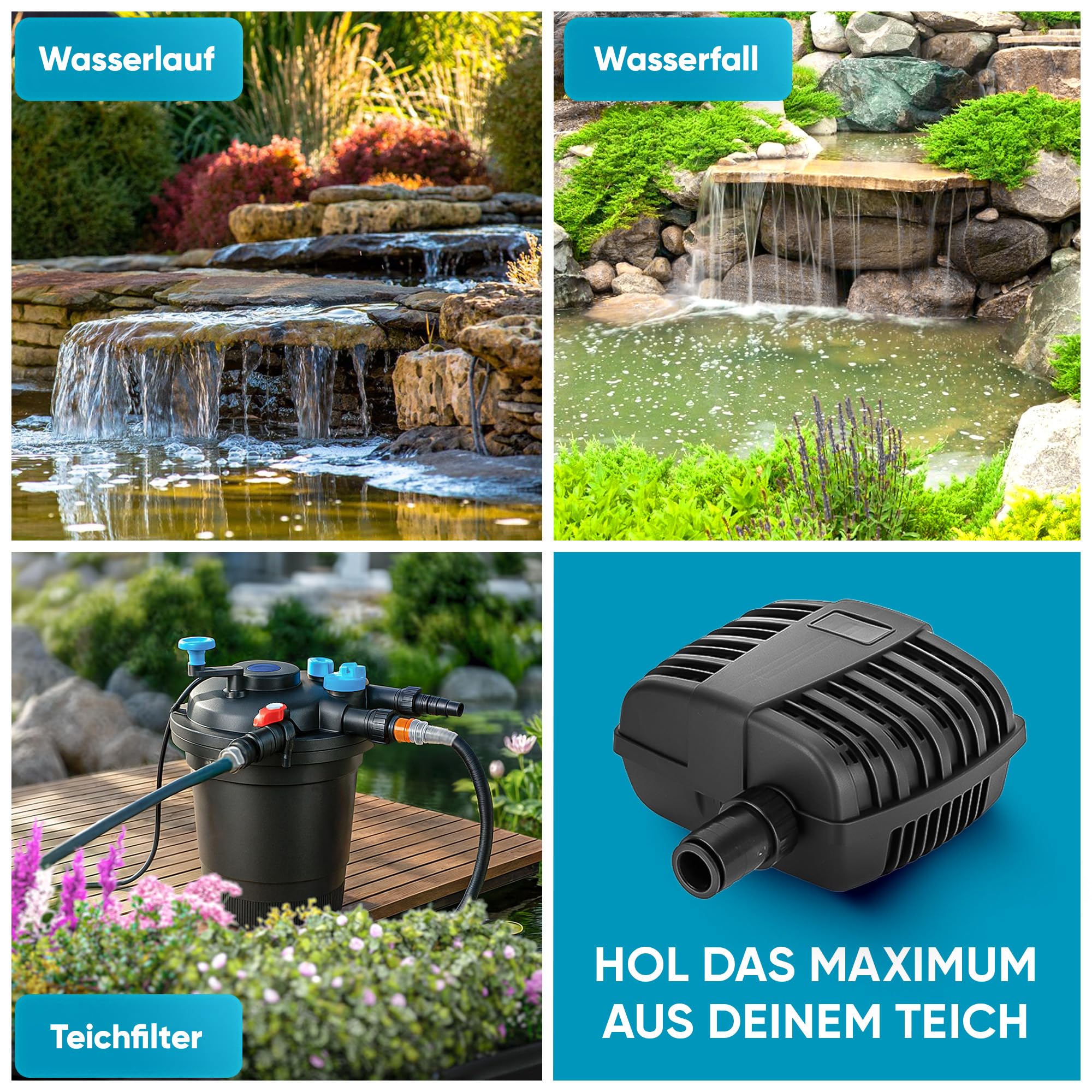 Teicher Filterpumpe PP-1500H [Neues Modell] – Teichpumpe für außen 25W, 1500 l/h Energie effizient | Bachlaufpumpe Gartenteich Bachlauf Wasserfall | Filter Pumpe Teich Pond Pump Teichpumpen IPX8 Norm