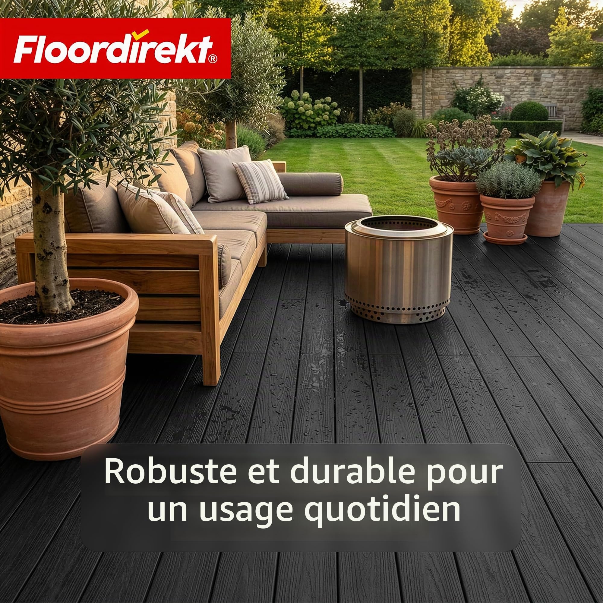 Floordirekt Lames de terrasse WPC 220 x 14,6 cm – Kit complet 2 m² – Planche creuse – Kit complet, avec sous-structure et matériel de montage, résistant aux intempéries et aux UV – Couronne noire