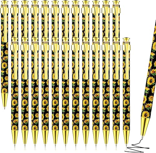 Yexiya 24 bolígrafos de girasol, bolígrafos de clic reutilizables, retráctiles, regalos de fiesta de girasol, tinta negra, punta media de 0.039