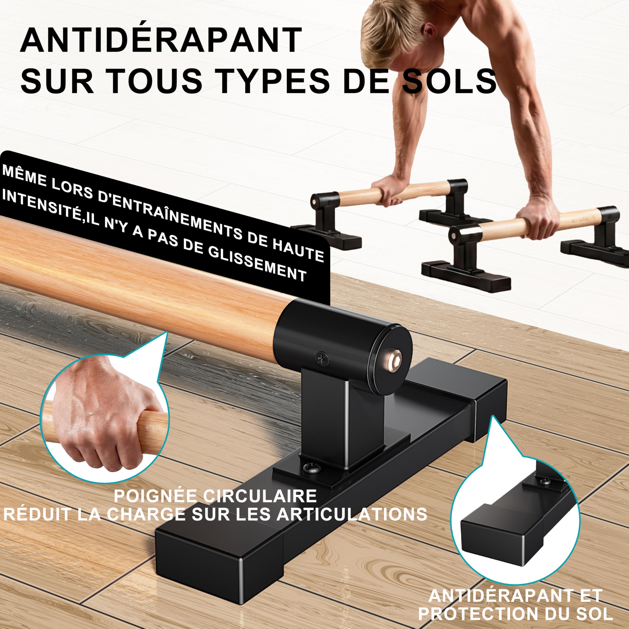 Parallettes, Barres parallèles pour Calisthenics, barres de musculation pour pompes, équilibres sur les mains et entraînement de force avec poignées en bois de hêtre, Équipement de fitness