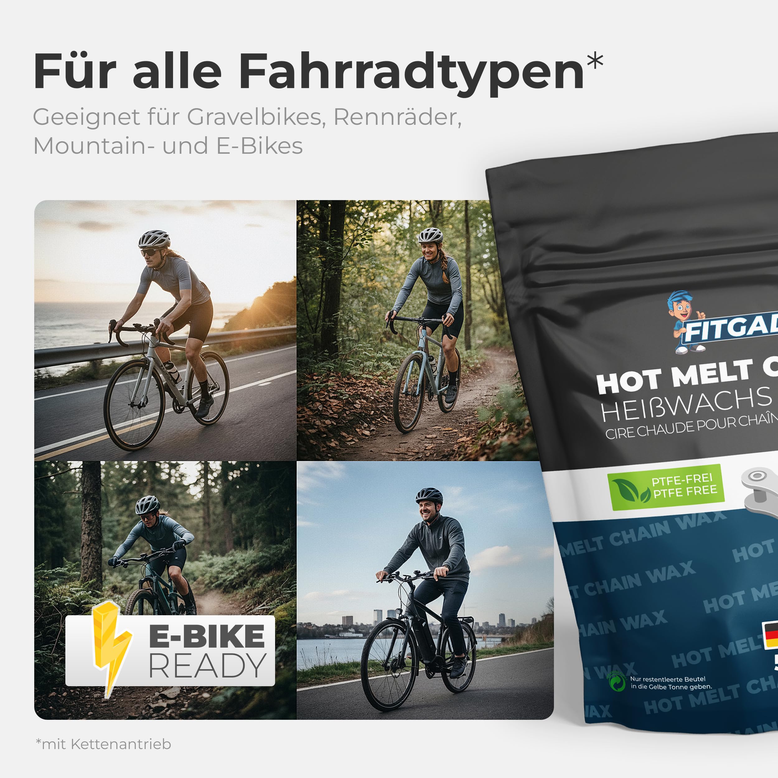 Fitgadgets Chain Wax Starter-Set, Kettenwachs Spar-Komplettset, 500g Heißwachs Pellets, 120ml Kettenwachs, 5 Kettenhalter, für Gravelbike, Rennrad, MTB & E-Bike