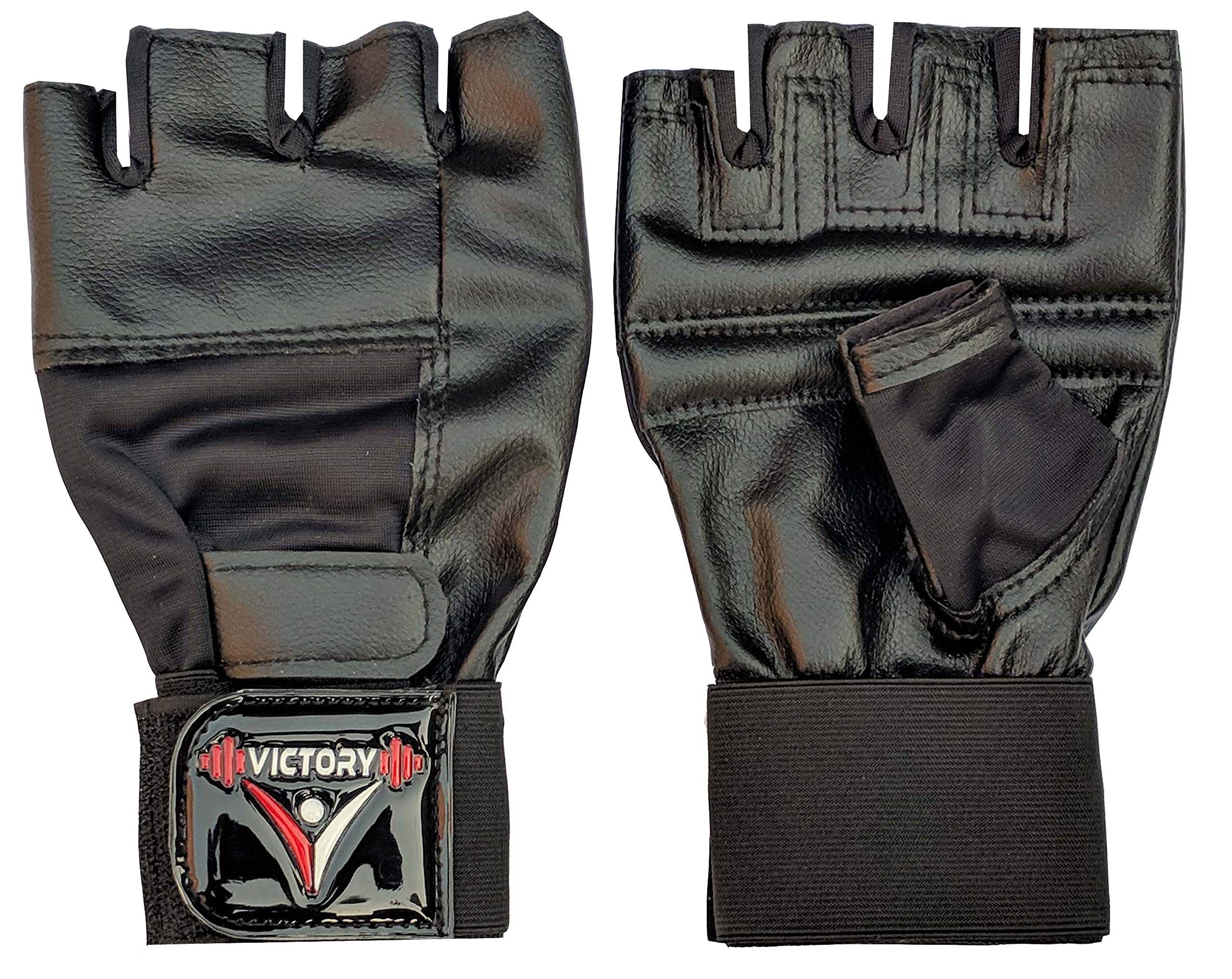 Victory Unisex Faux Leather Sports Weight Lifting Workout Gym Gloves with Wrist Support (Black, Free Size)
