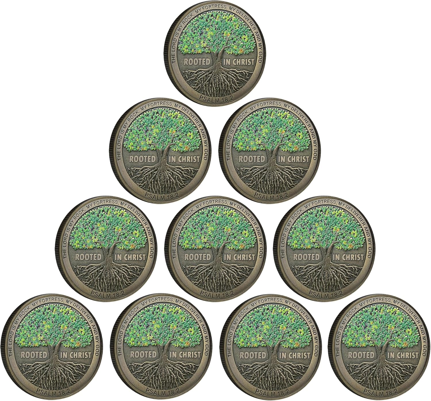 Rooted in Christ The Lord is My Rock, My Fortress, My Deliverer Faith-Based Christian Challenge Coin Bible Verse Gift (Pack of 10)