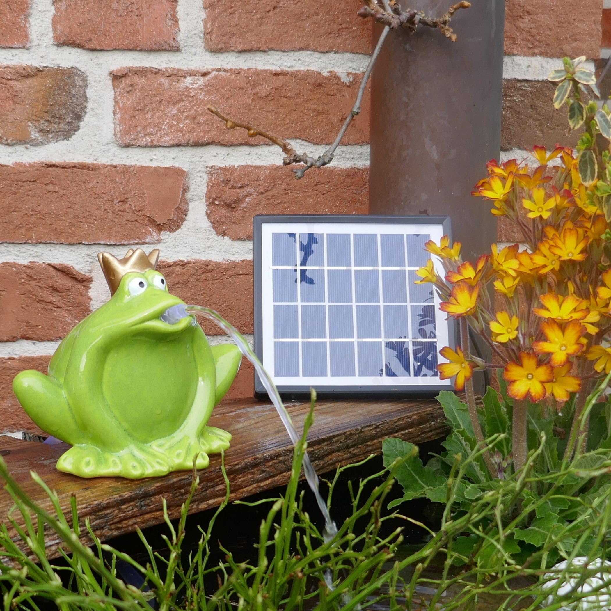 Storm's Gartenzaubereien Wasserspeier Solar mit Pumpe Frosch 12cm Keramik für Miniteich - Balkon und Terrasse