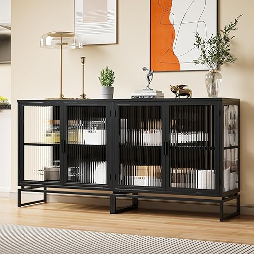 LEVNARY Juego de 2 gabinetes negros de estilo buffet moderno con 4 puertas, consola de almacenamiento para la entrada del hogar (negro, 2)