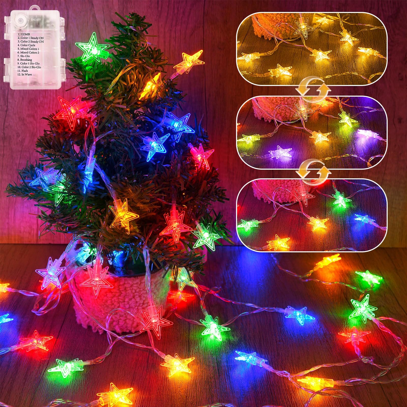 FFZZKJ Christmas Lights Battery Operated Star Fairy Lights with Timer/Colour Changing/12 Modes, IP44 Waterproof Indoor Outdoor for Christmas Decorations, 6M/20Ft 40LED, Warm White&Multi-Coloured