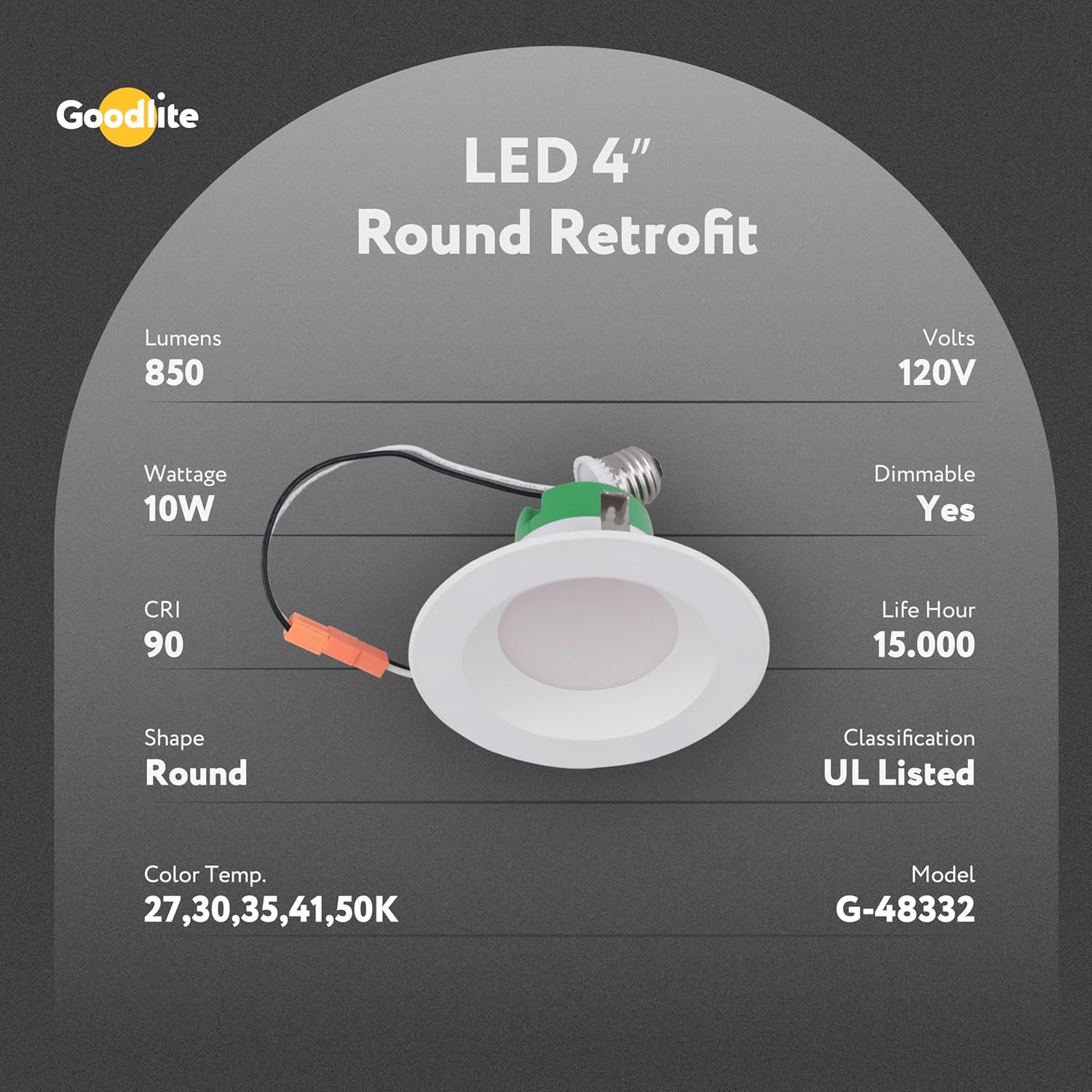 Goodlite 4" LED Round Retrofit Downlight, 10W (85W Equal), 850 Lumens, 5CCT Selectable 2700K-3000K-3500K-4100K-5000K, CRI90, Dimmable, E26 Base, UL, 120V – Recessed Can Light Replacement (G-48332)