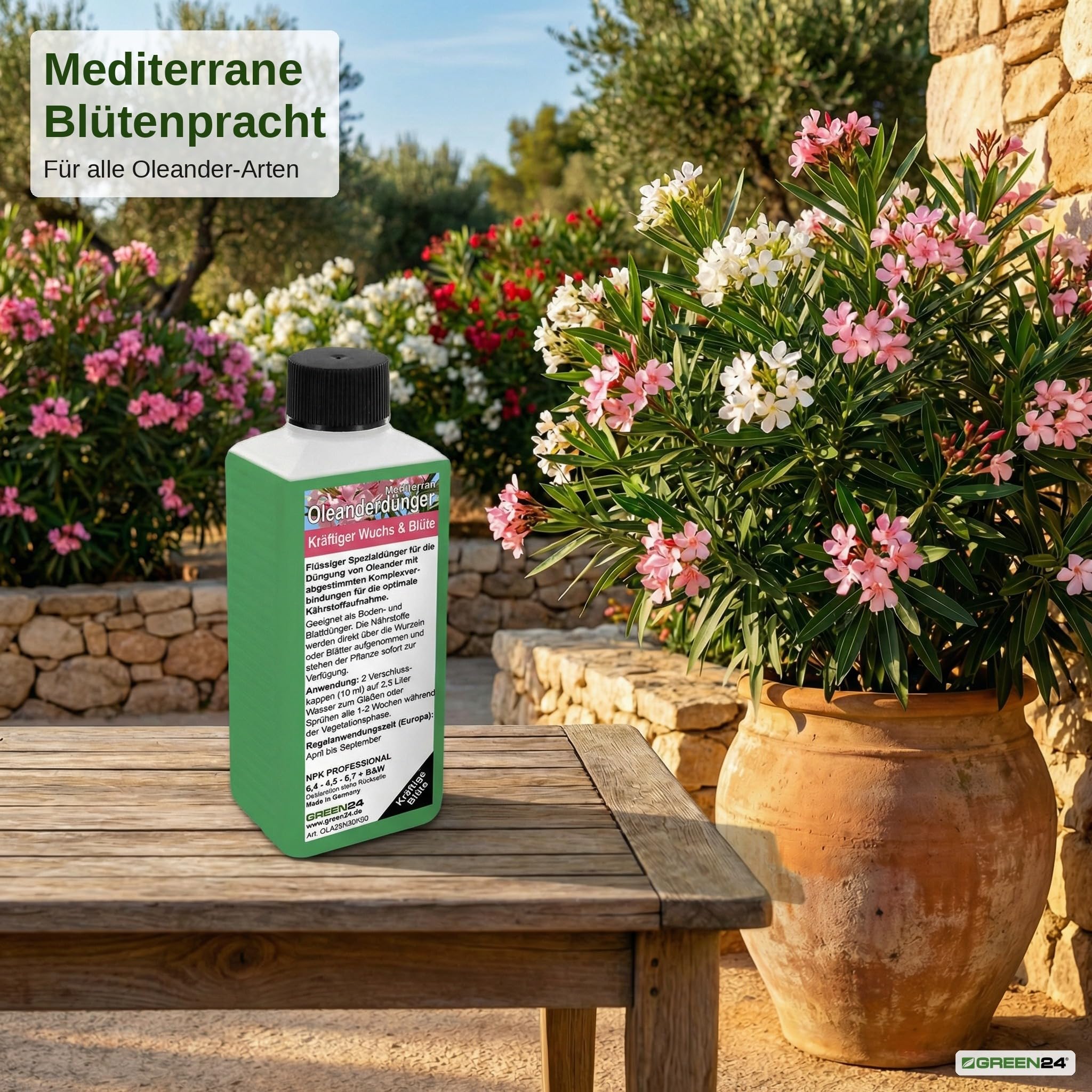 GREEN24 Oleanderdnger 250ml, flssiger Spezialdnger fr alle Oleander-Arten,  frdert mediterrane Bltenpracht & krftiges Wachstum, ideal fr  Kbelpflanzen, hochwirksames NPK-Konzentrat : Amazon.de: Garten