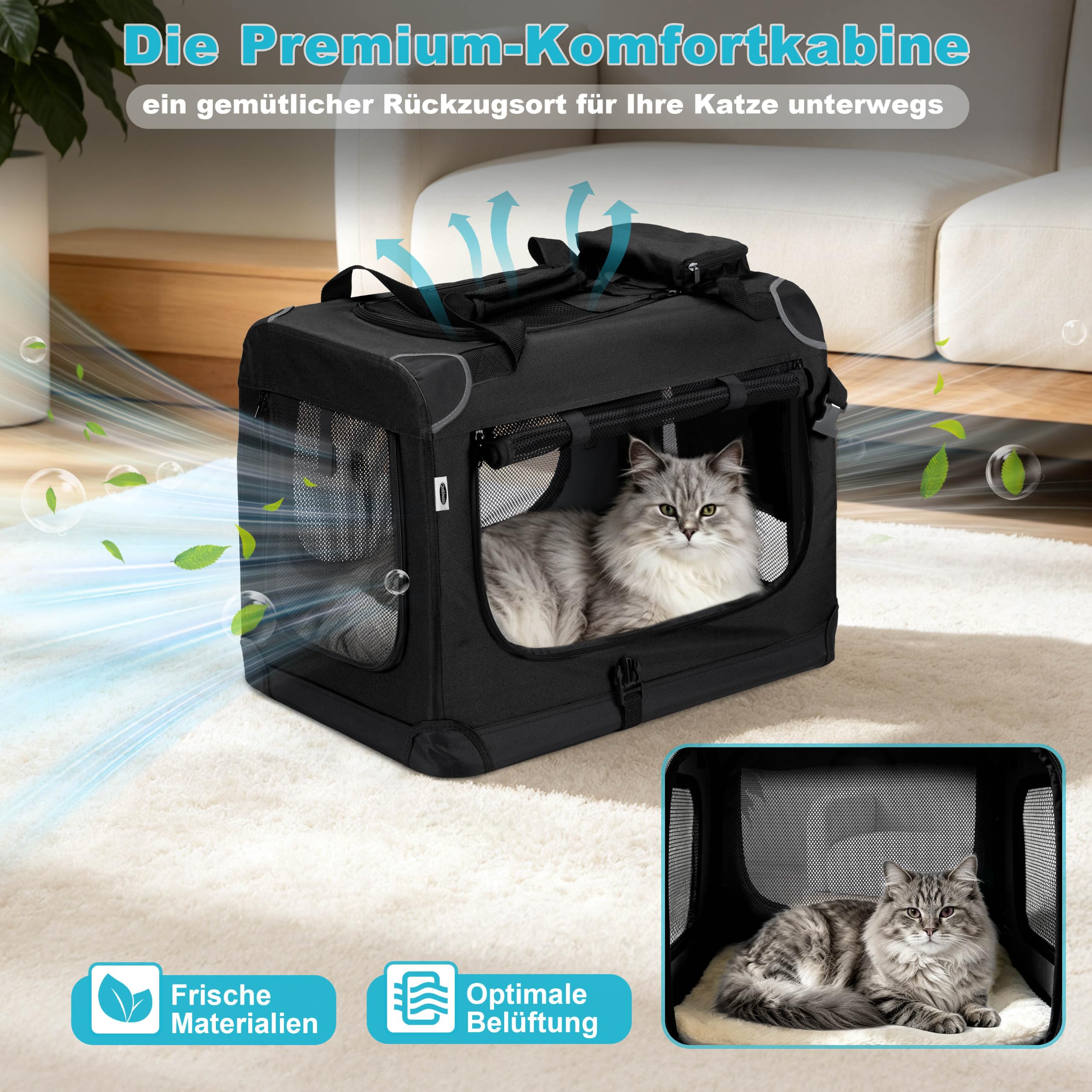 Zedelmaier Katzentransportbox extra groß, faltbar, bis 15kg, Schwarz