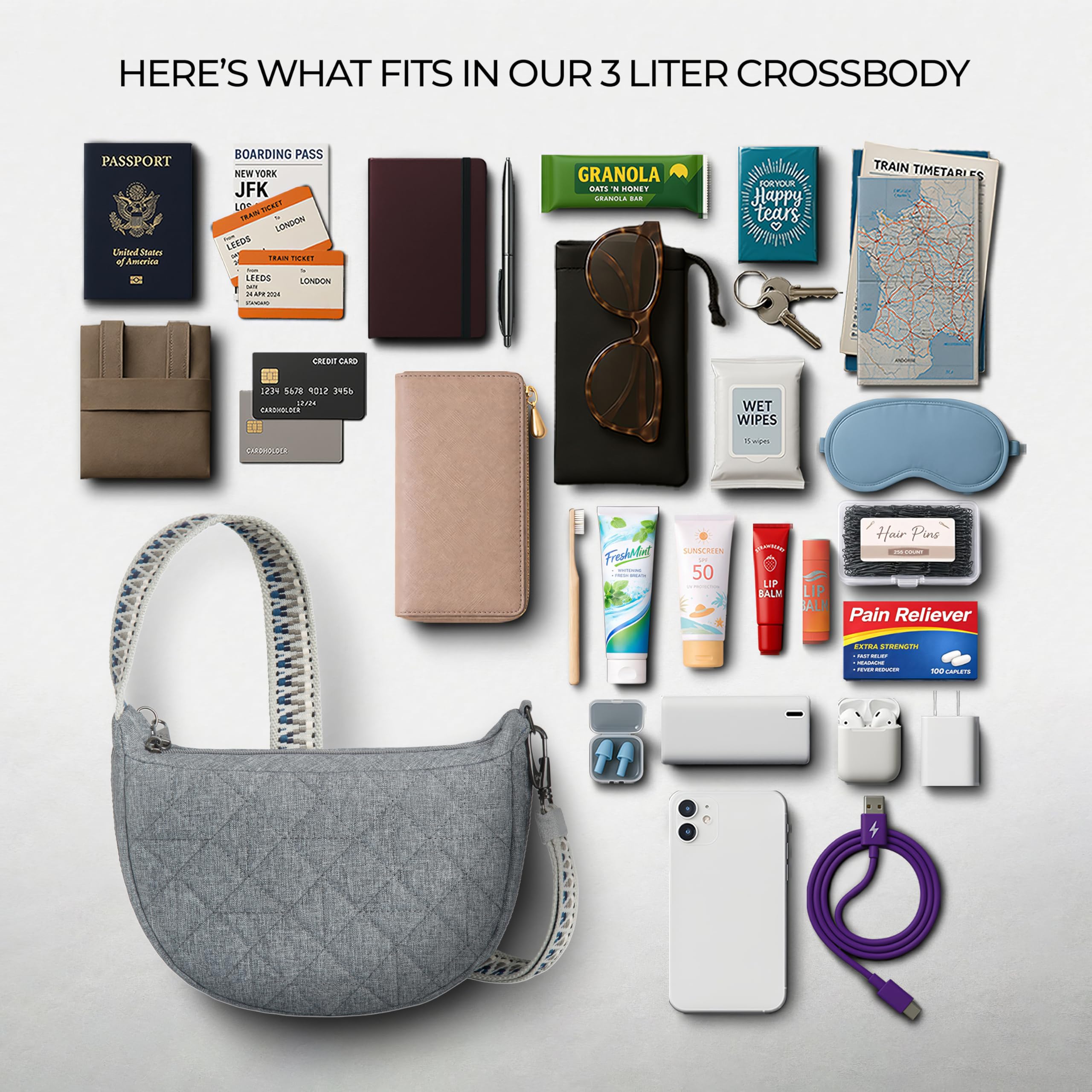 Travelon Unisex Boho antykradzieżowy półksiężyc crossbody, szary wrzos, Szary wrzos