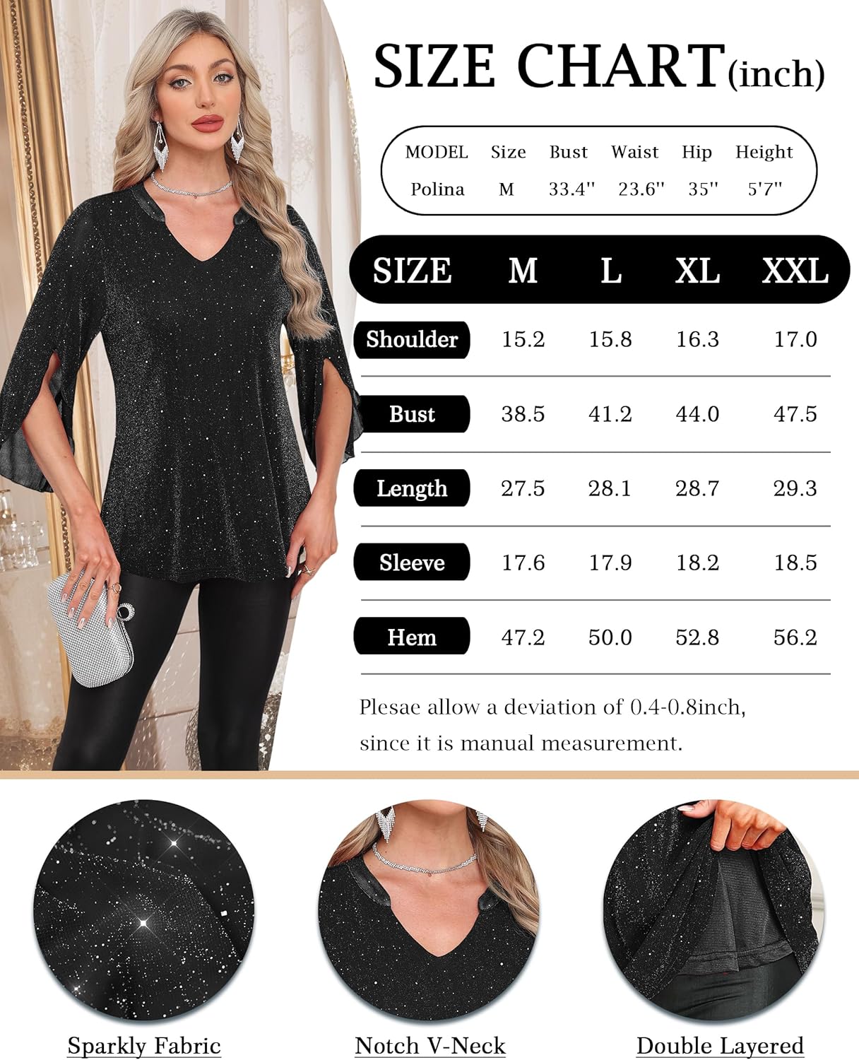 Tencole Womens 3/4 Ruffle Sleeve Sparkly Tops Sequin V Neck Blouses Dressy Casual Fall Shirts - Image 5