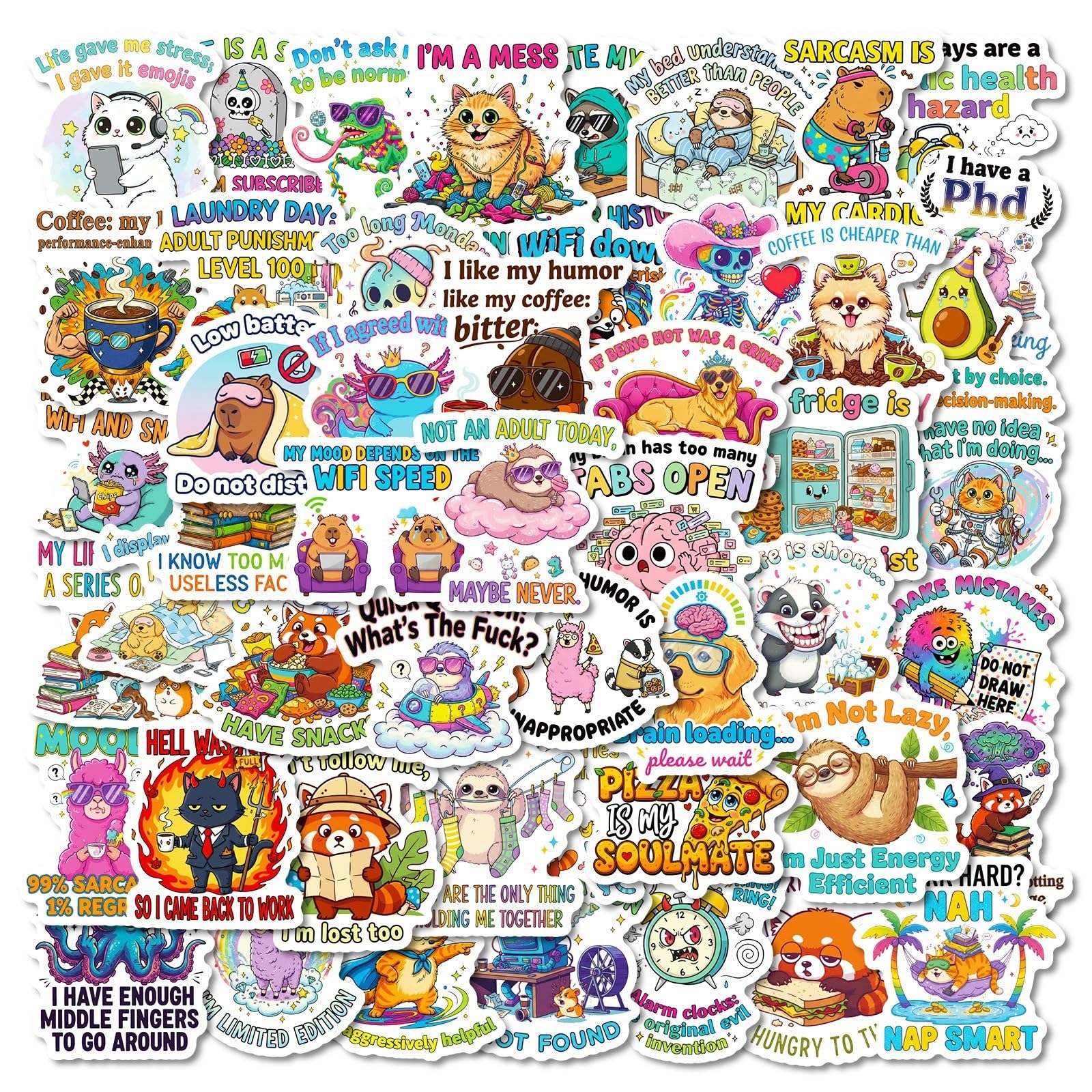Pack of 50 Funny Animal Saying Cartoon Stickers Waterproof Self-Adhesive