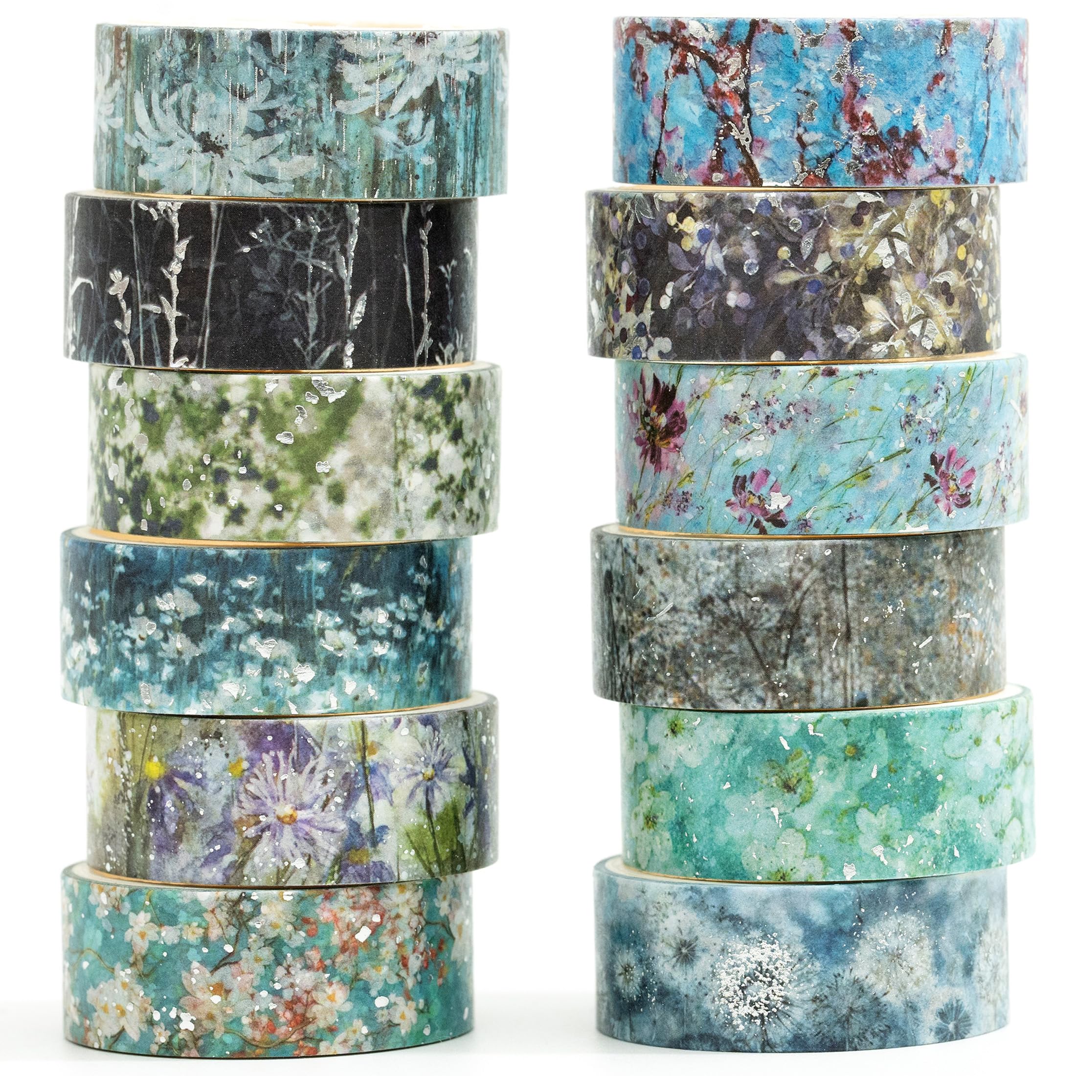 Songdao 12 Rolls Flowers Washi Tape Set Floral Arts Adhesive Tapes Splast Silver Decorative Masking Tape Sets for Craft, Kids, Scrapbook, DIY, Gift