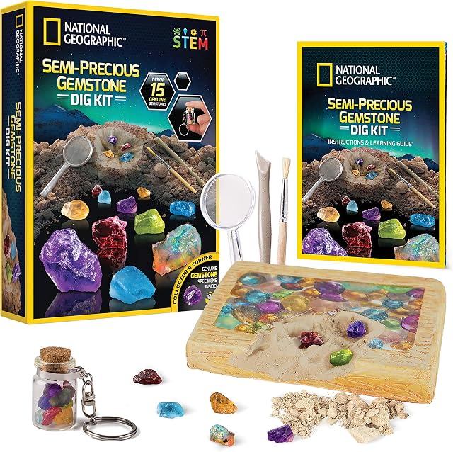 NATIONAL GEOGRAPHIC Semi-Precious Gemstone Dig Kit - STEM Digging Kit with 15 Semi-Precious Gemstones, Including Amethyst, Garnet, Opal, Blue Topaz, and More, A Great Science Kit for Boys and Girls