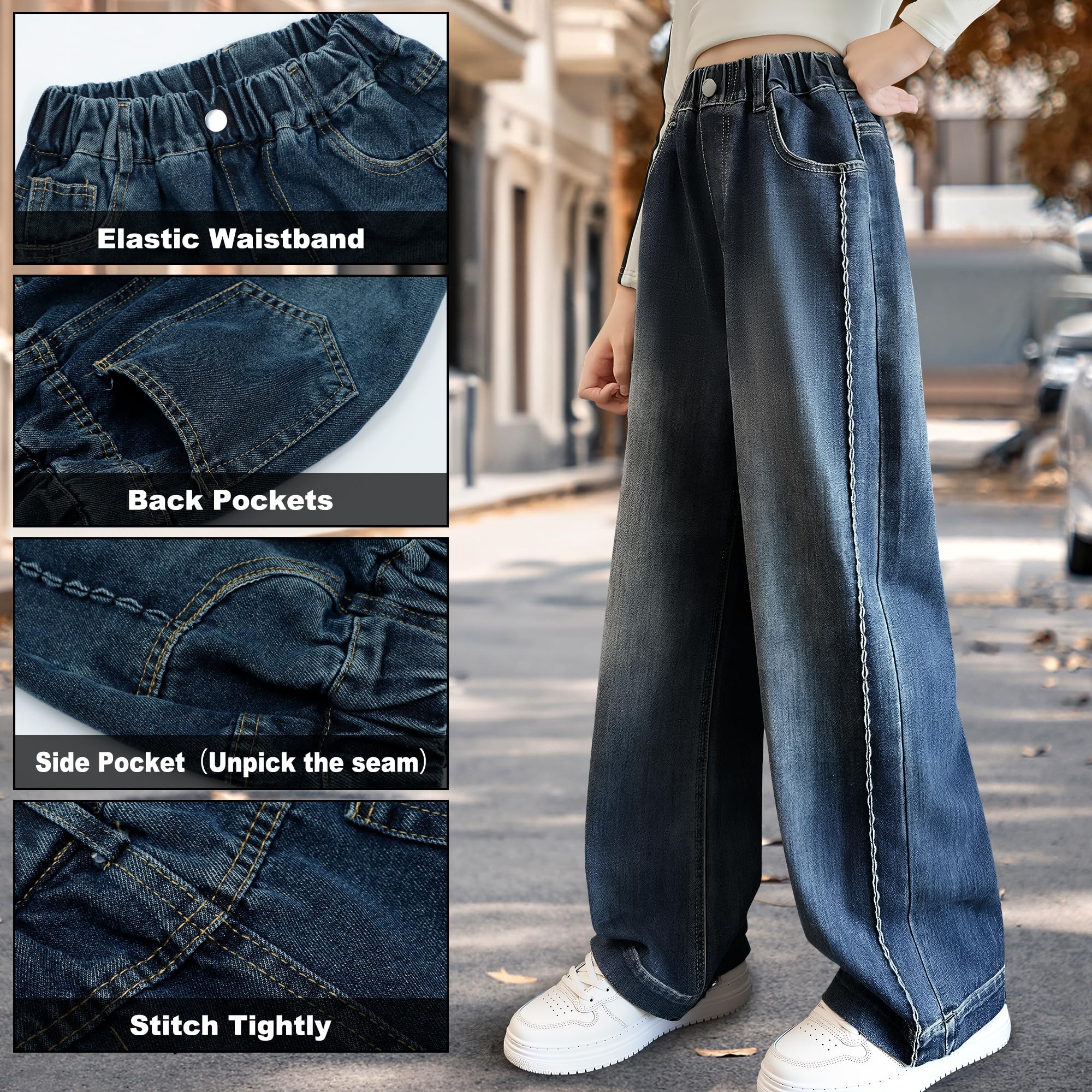 Vaqueros para Niñas, Baggy Cintura Elasticos Denim Jeans Pierna Anchos Pantalones Largo con Bolsillos Cómodo Casual Loose Moda Streetwear Infantil Ropa para 7-14 años