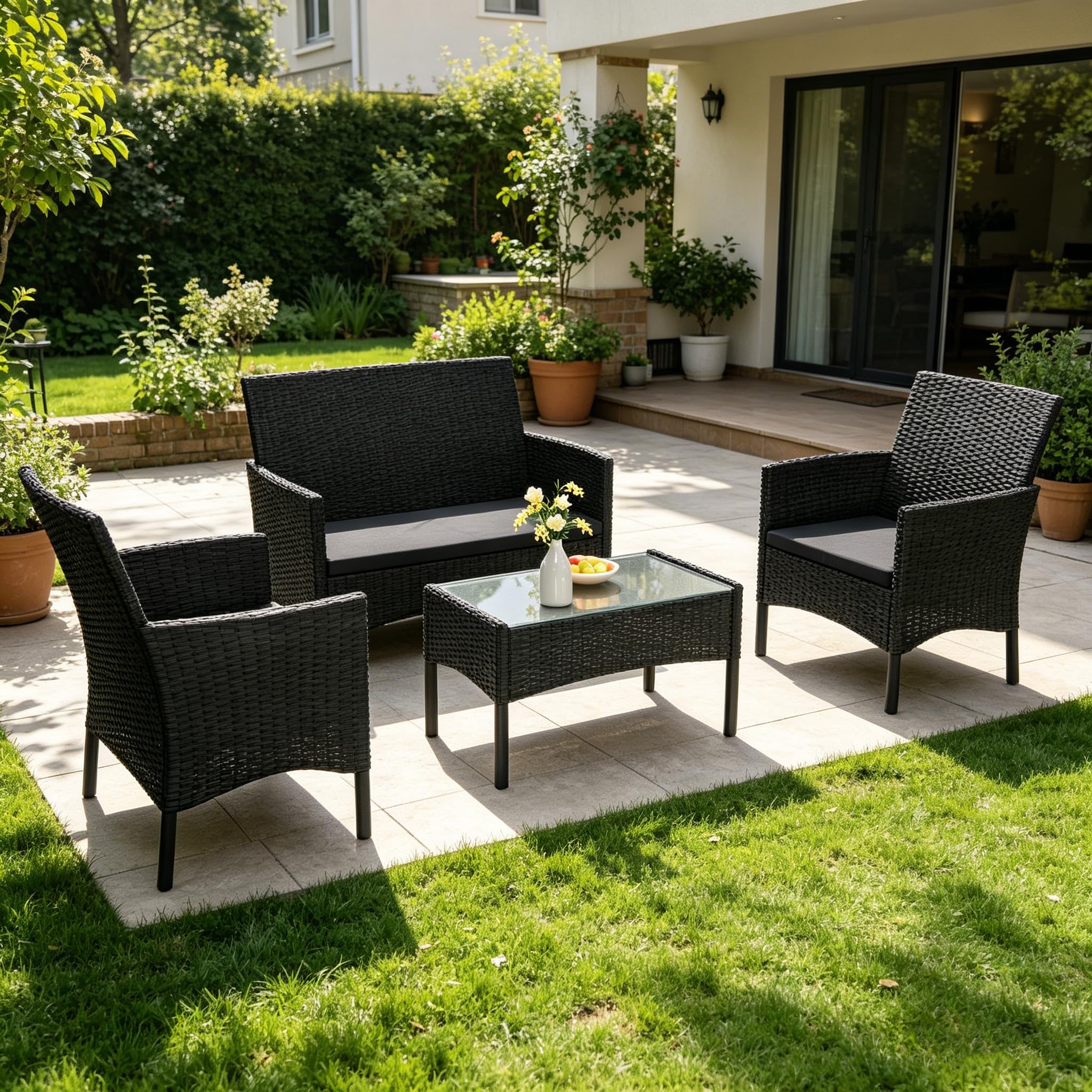 Yunvin Garden Furniture Sets, Poly Rattan Wicker Sofa Set for 4 People, Loveseat, Single Chairs and Glass-Top Table with 5 cm Thick Cushions, Patio Conversation Set for Yard, Poolside