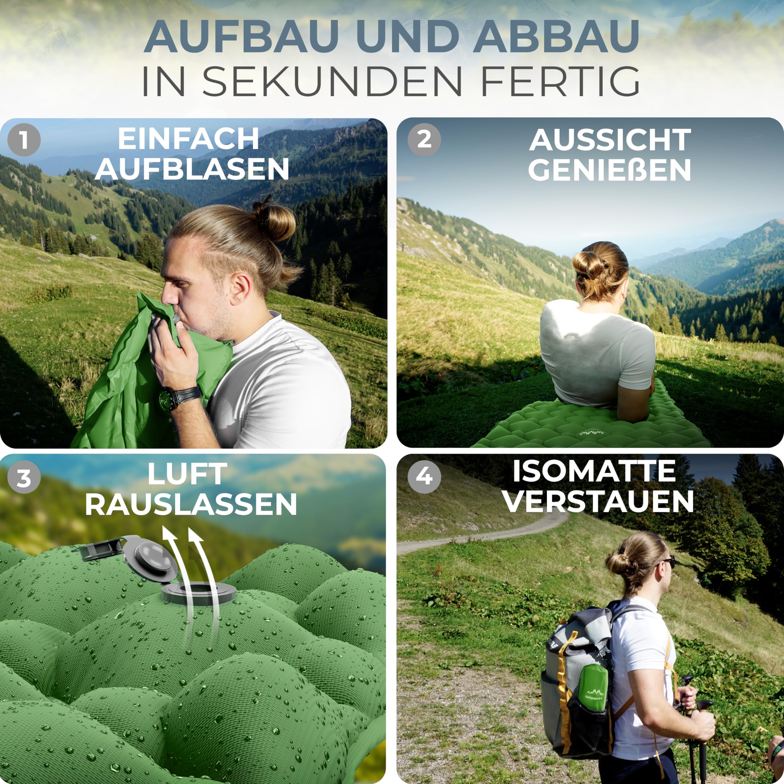 ALPENWERT® Karimata outdoorowa (mały rozmiar opakowania i ultralekka) materac dmuchany idealny na kemping, wędrówki, wędrówki z plecakiem itp., nadmuchiwana mata do spania (zielona)