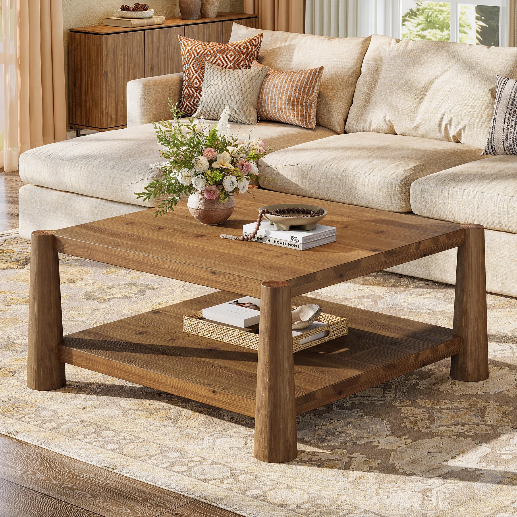 TRIBEWOOD Square Solid Wood Coffee Table, 34" Farmhouse Center Table with 2-Tier Storage and Sturdy Legs, Accent Cocktail Table for Living Room, Brown