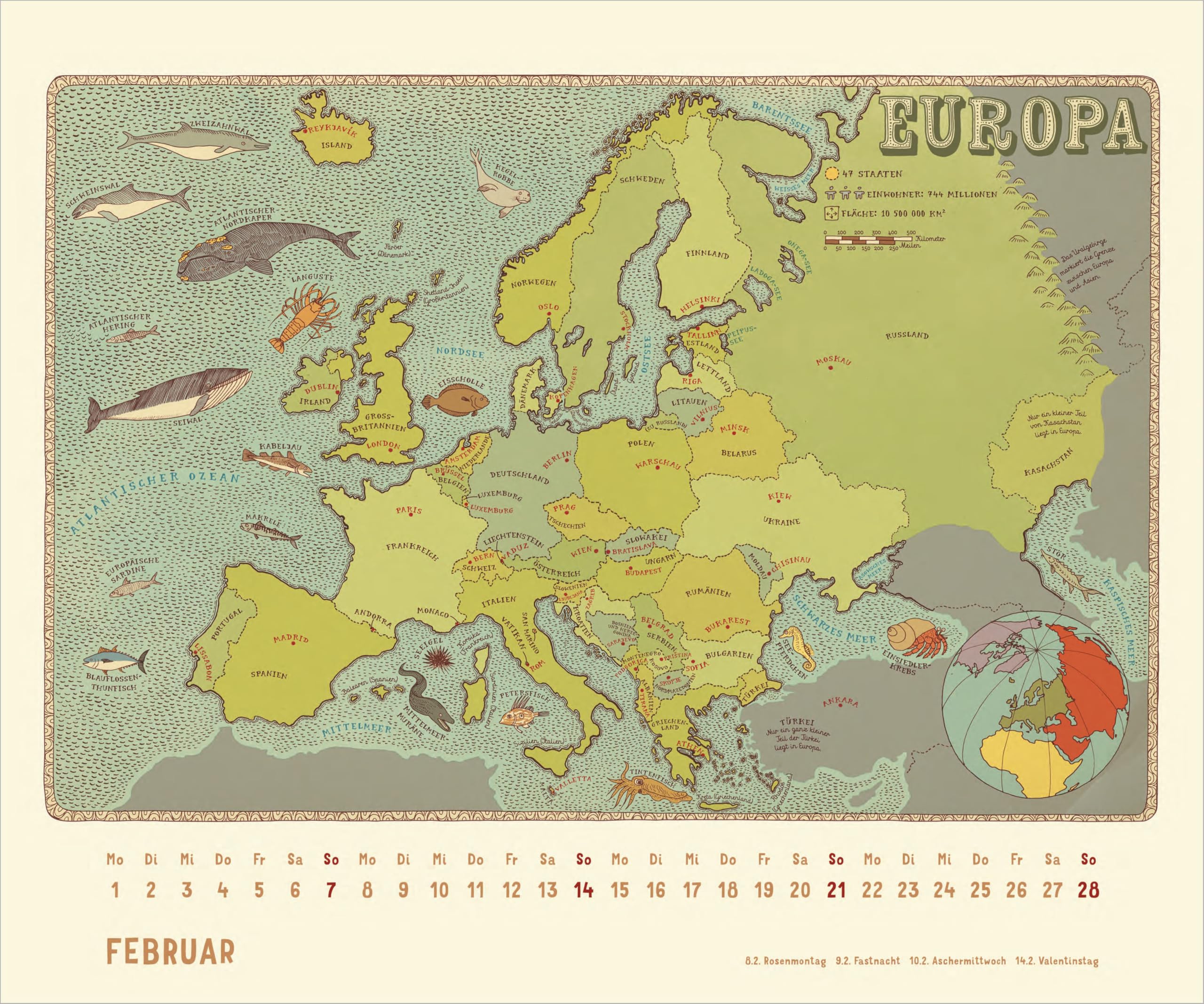 Alle Welt 2027: Wandkalender 60x50 cm mit illustrierten Weltkarten und deutschem Kalendarium