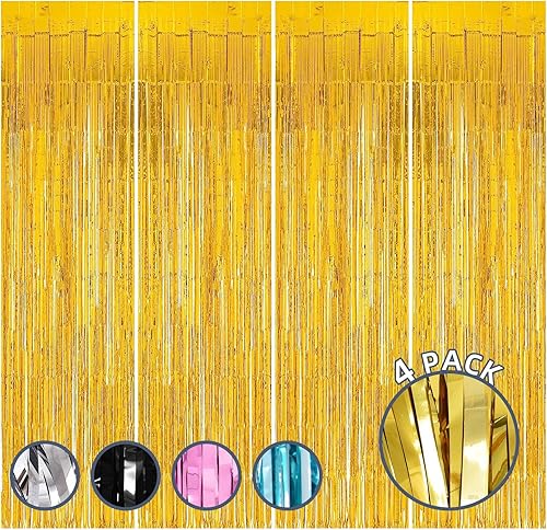 Paquete de 4 cortinas de flecos de papel de aluminio dorado de 3.2 x 8.2 pies, cortinas de flecos metálicos de oropel de aluminio, telón de fondo