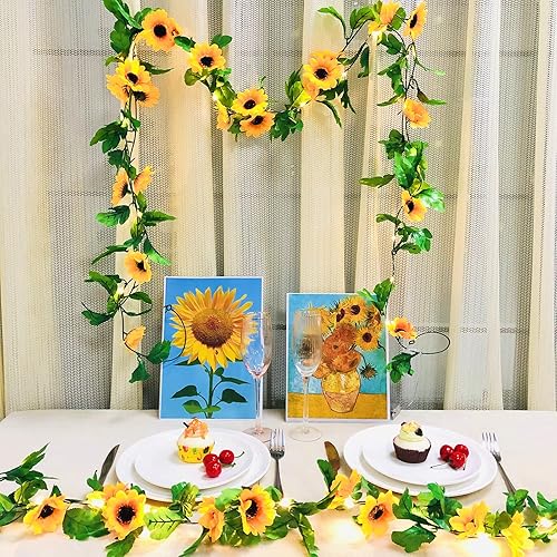 Miniatura 7 de 20 luces LED de simulación de girasoles de 20 luces colgantes de flores de seda artificial de girasol de imitación a pilas para decoración del