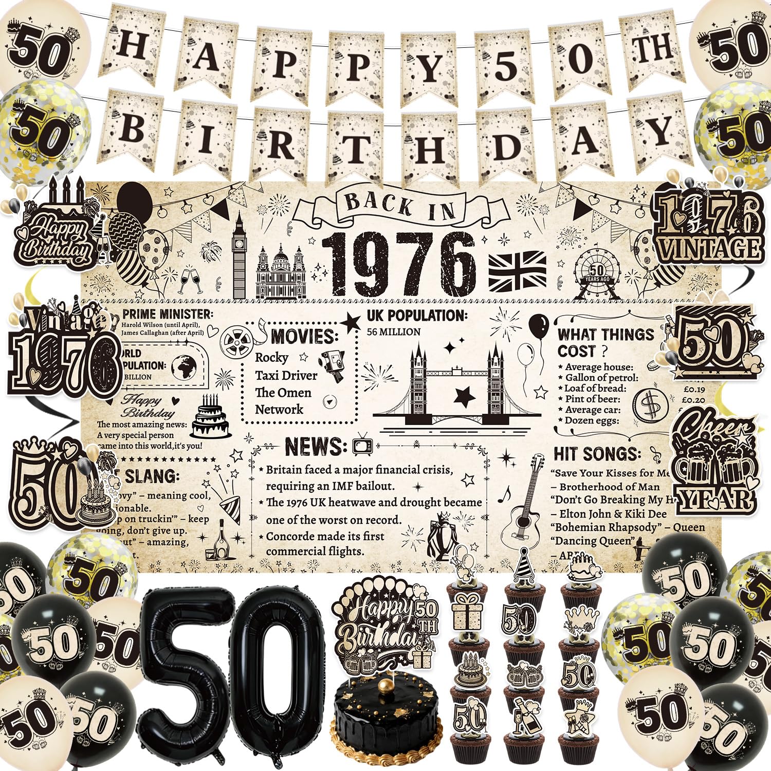 Eiapadeor 50th Birthday Decorations for Men Women - 40 Pcs Vintage Happy 50 Year Old Party Supplies Back in 1976 Backdrop Banner with Hanging Swirls Balloons Cake Toppers Birthday Decorations Set โ image 1
