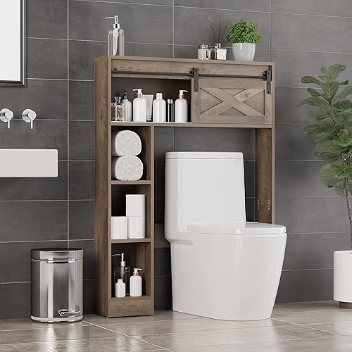 Almacenamiento de casa de campo sobre el inodoro con puerta corrediza de granero organizador de baño independiente sobre el armario de