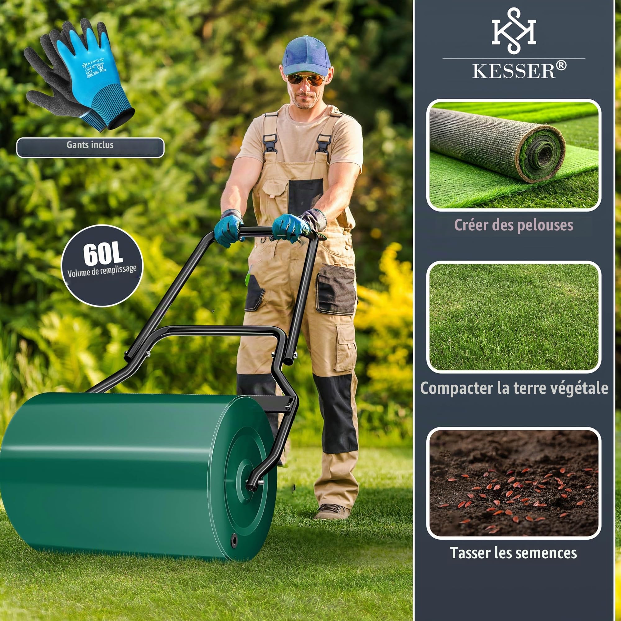 KESSER® Rouleau à gazon en métal à remplir avec de l'eau ou du sable - Volume de remplissage de 60 litres et 50 cm de large - Rouleau de jardin avec gants - Vert