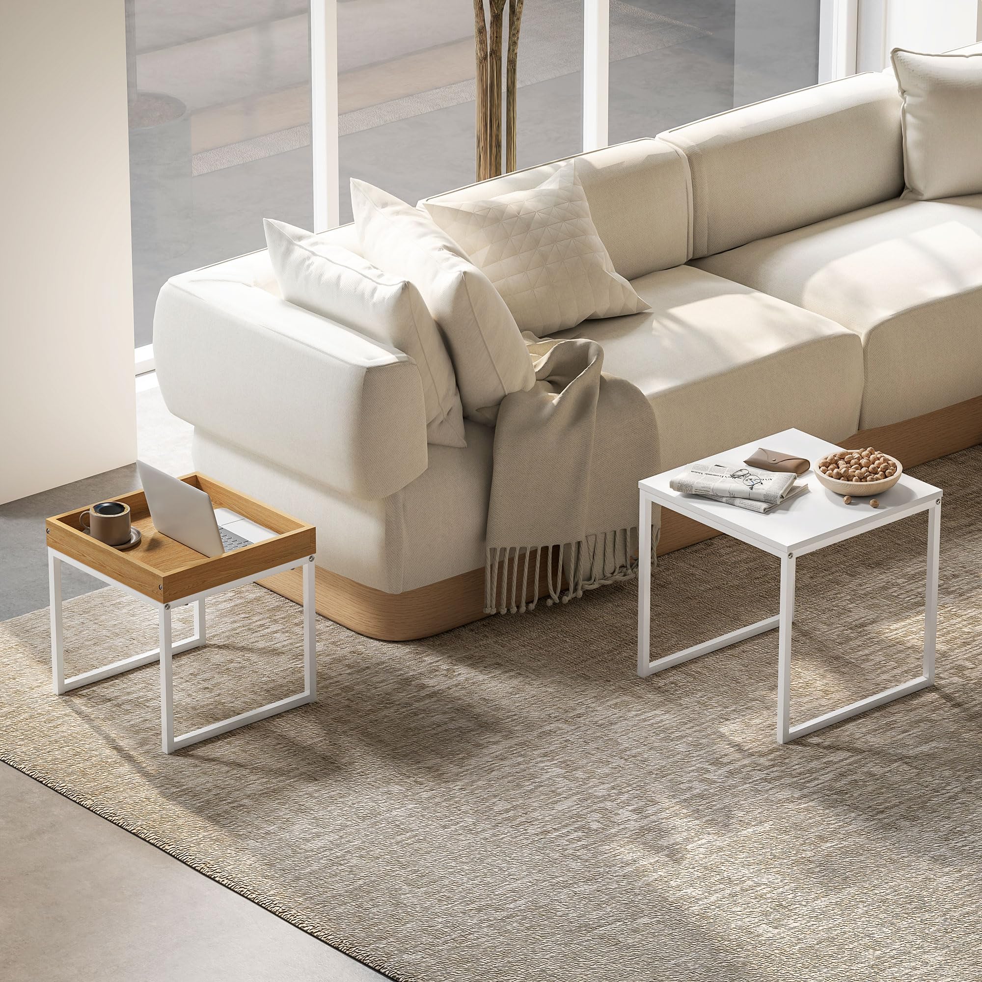 HOMCOM Lot de 2 Tables Basses Gigognes Carrées, Tables Gigognes de Salon avec Cadre en Acier, pour Salon, Chambre, Petit Espace, Style Moderne, Blanc