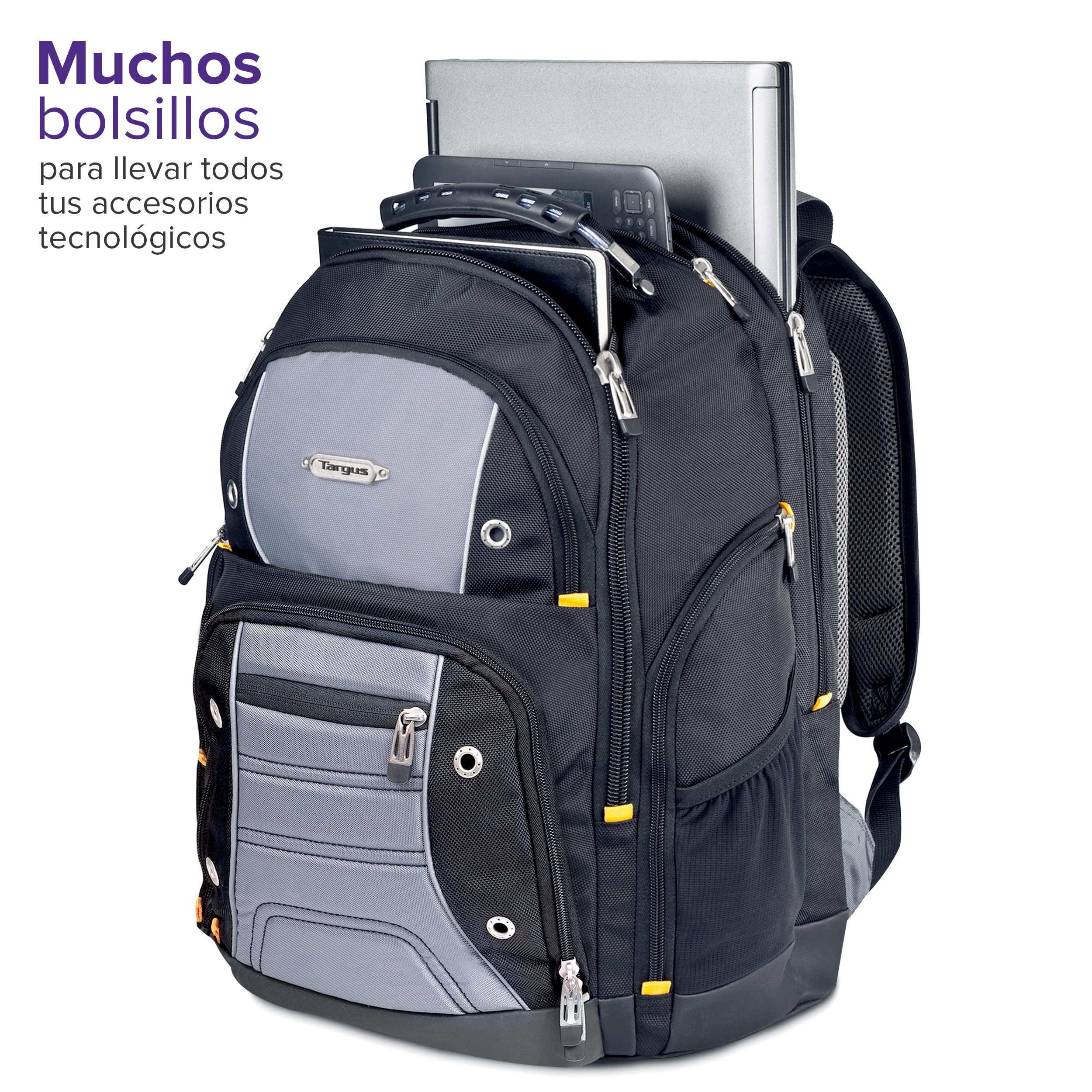 Targus Mochila Drifter TSB238EU, de 32 litros. La Mejor opción para Trabajadores, Estudiantes y videojugadores; Apta para la mayoría de los Ordenadores portátiles de hasta 15.6” – Negra/Gris