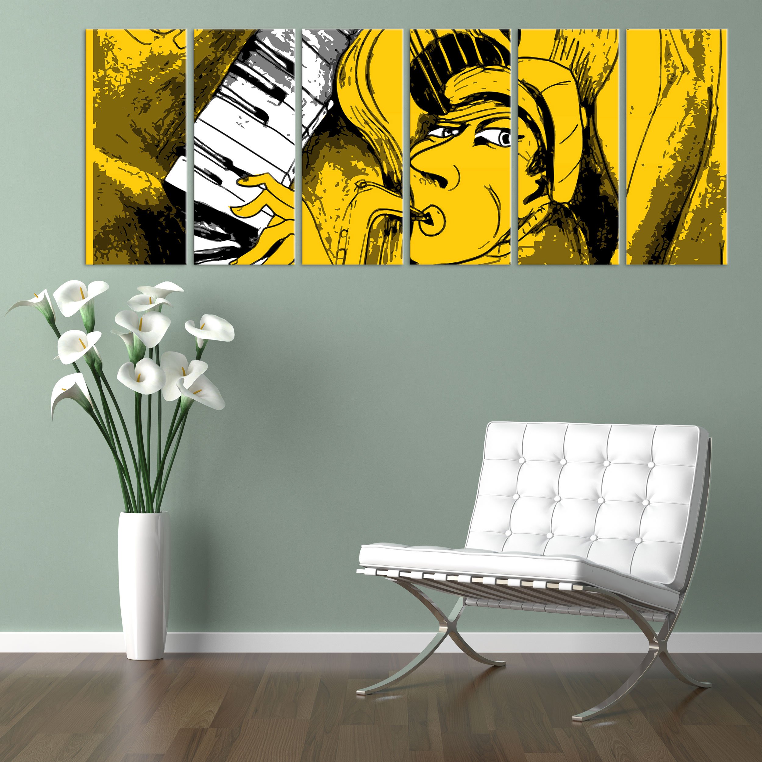 QUADRO SU TELA CANVAS - INTELAIATO - PRONTO DA APPENDERE - Musica Jazz - Illustrazione Disegno Pianista con Sax - 190x70cm (cod.1112)