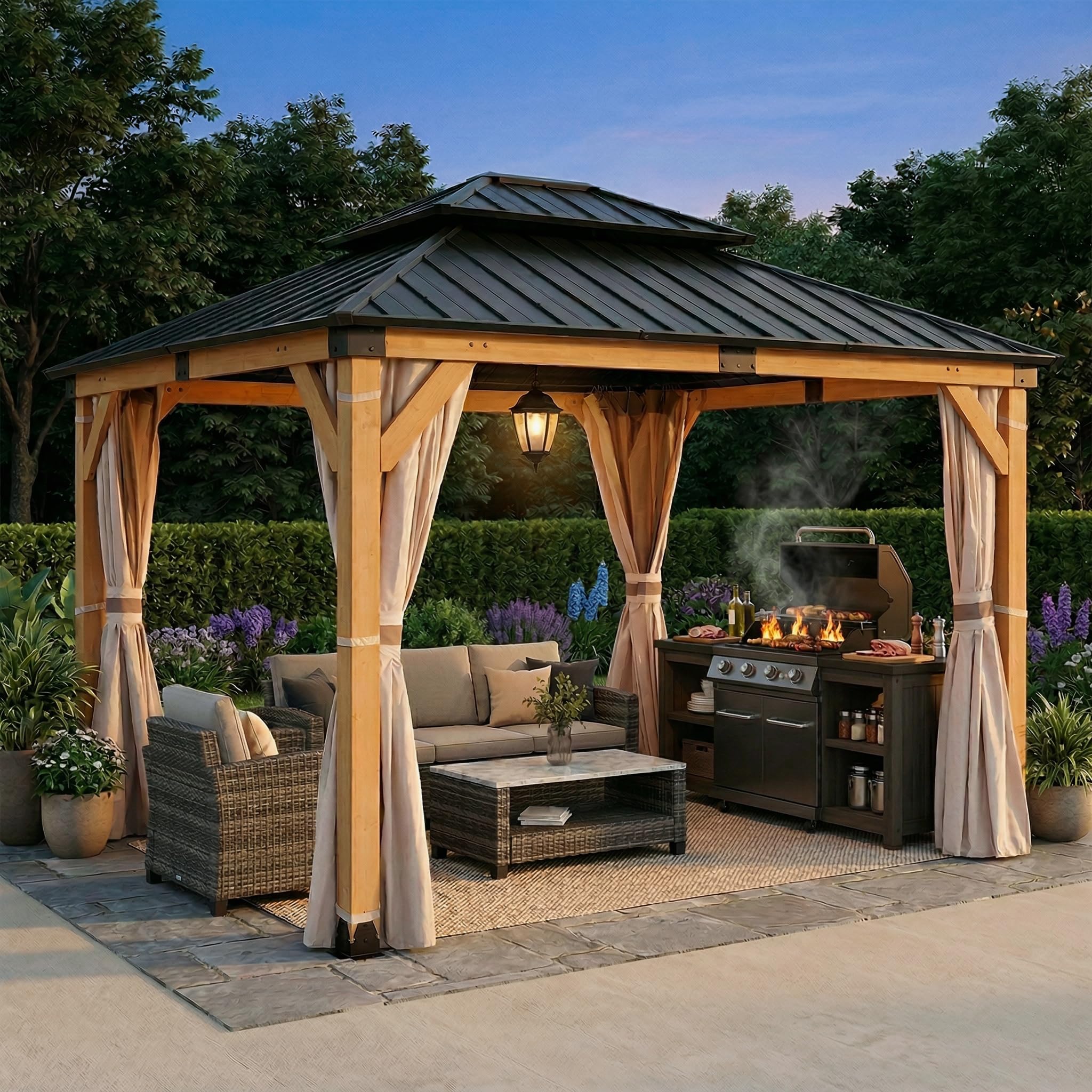 10'x12' Wooden Hardtop Gazebo,Wood Heavy Duty Solid Cedar Gazebos with Mosquito Netting and Waterproof Curtains,Outdoor Metal Canopy for Deck Patio