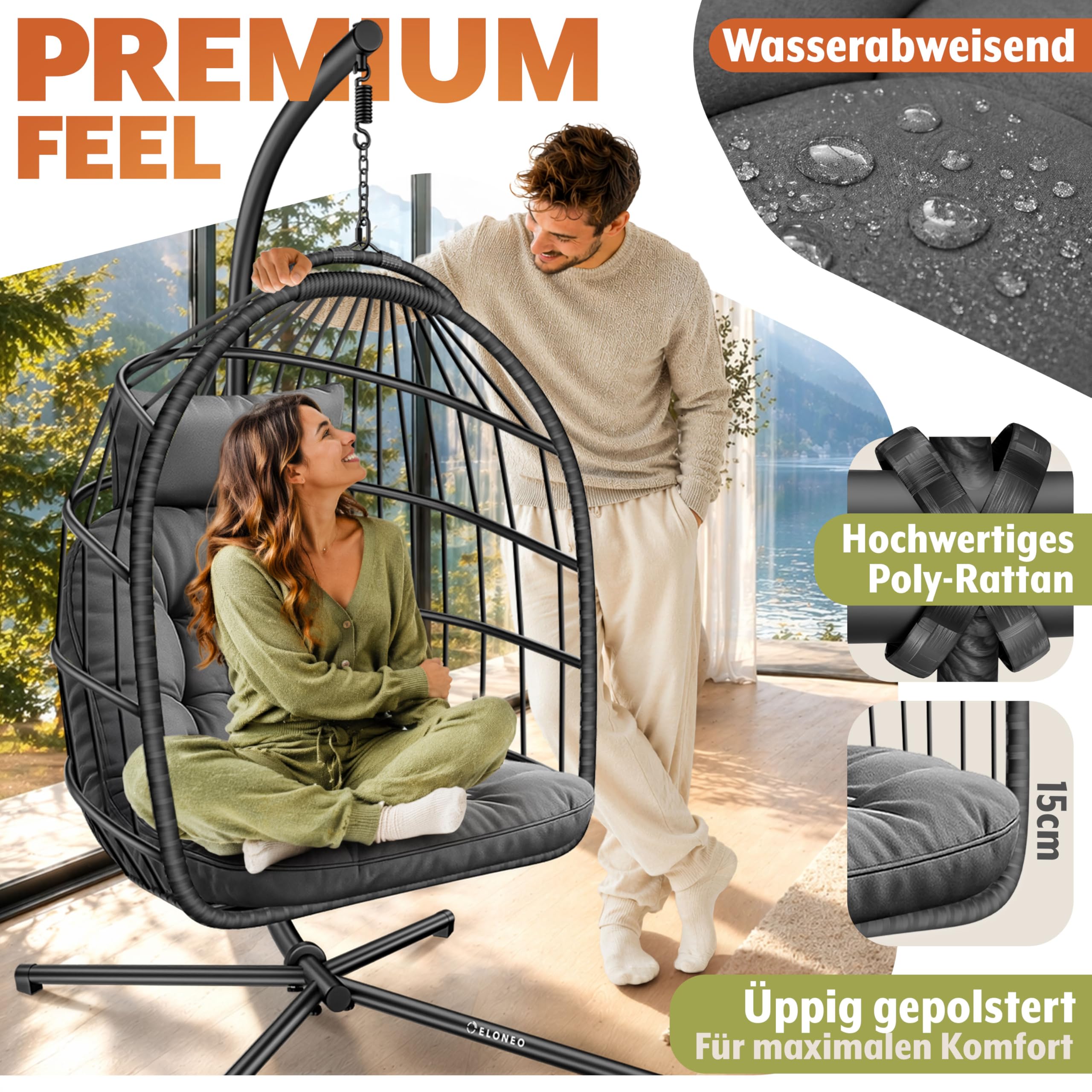 ELONEO Hängesessel mit Gestell und Premium Polster, Hängesessel Outdoor und Indoor inkl. Abdeckplane, Hängeschaukel Outdoor belastbar bis 160kg, Hanging Chair, anthrazit