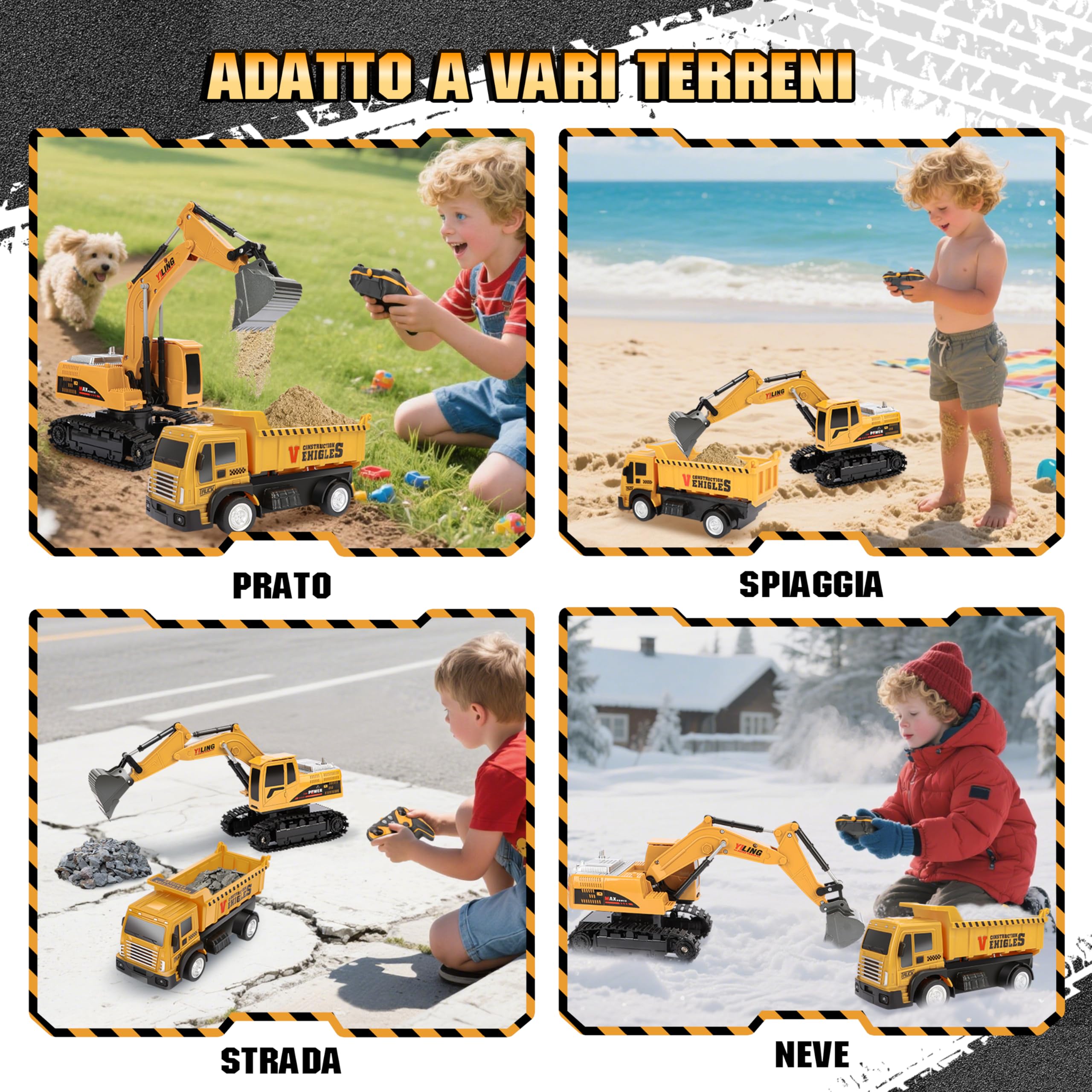 Charmofun 2PCS Kit Escavatore Telecomandato con Veicolo telecomandato, 2.4Ghz escavatore radiocomandato per Bambini - con Luci e Suoni e Spalletta in Metallo, RC Camion Escavatore Regalo Compleanno