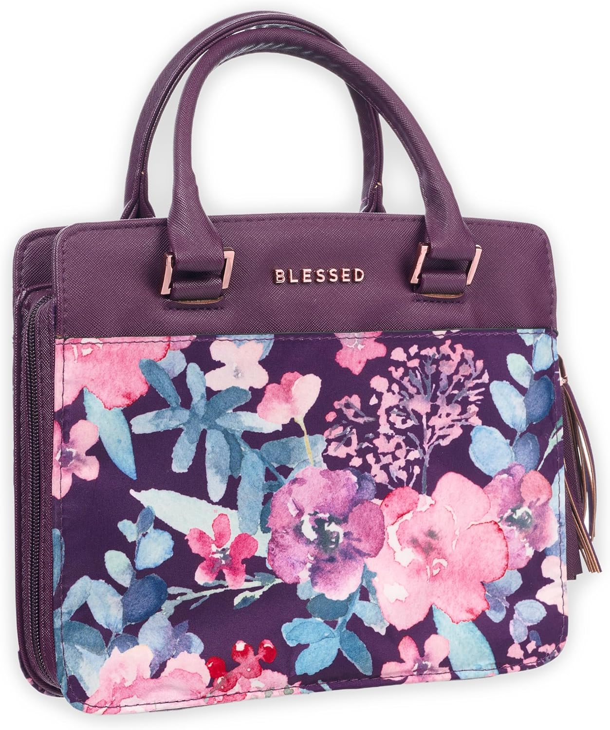 Christian Art Gifts Women's Fashion Bible Cover Purse Style Blessed, Purple Floral Faux Leather, Large