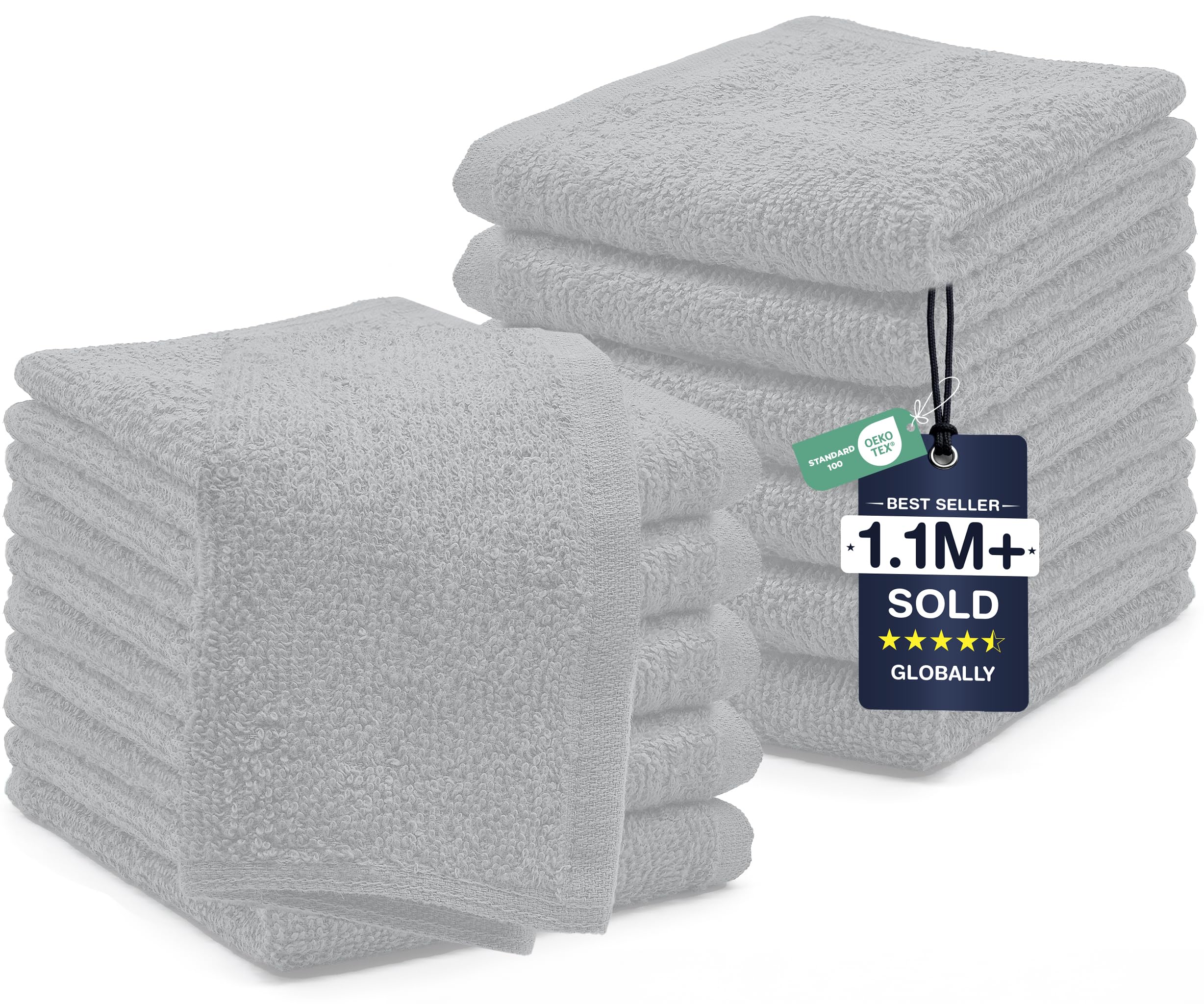 DAN RIVER 12 Pack Cotton Wash Cloths Set for Showering [12x12] Silver