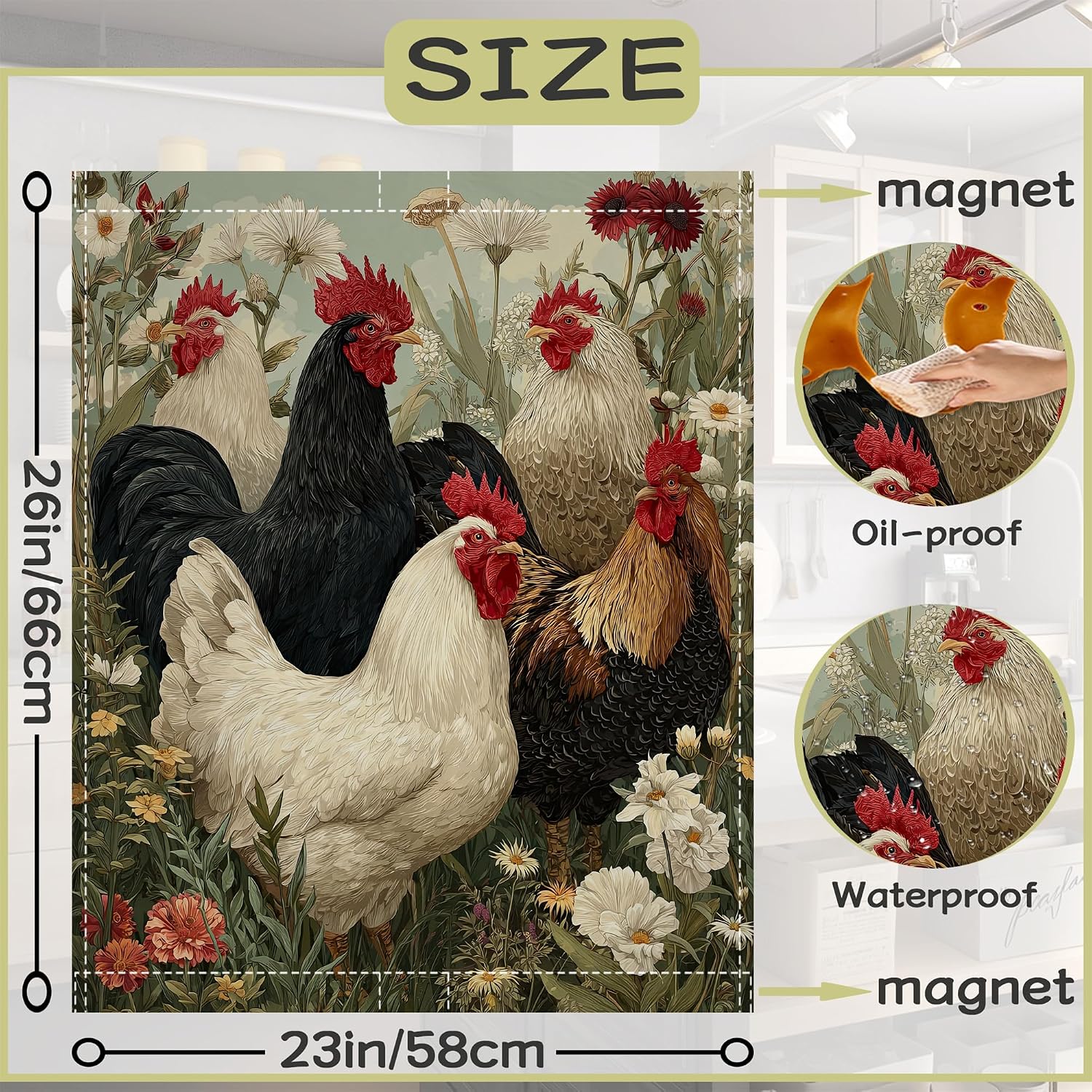 Chickens Floral Dishwasher Magnet Decorative Cover, Waterproof Magnetic Dishwasher Sticker Panel, Refrigerator Magnet Covers for Kitchen Home Decorative 23x26 Inch image 2