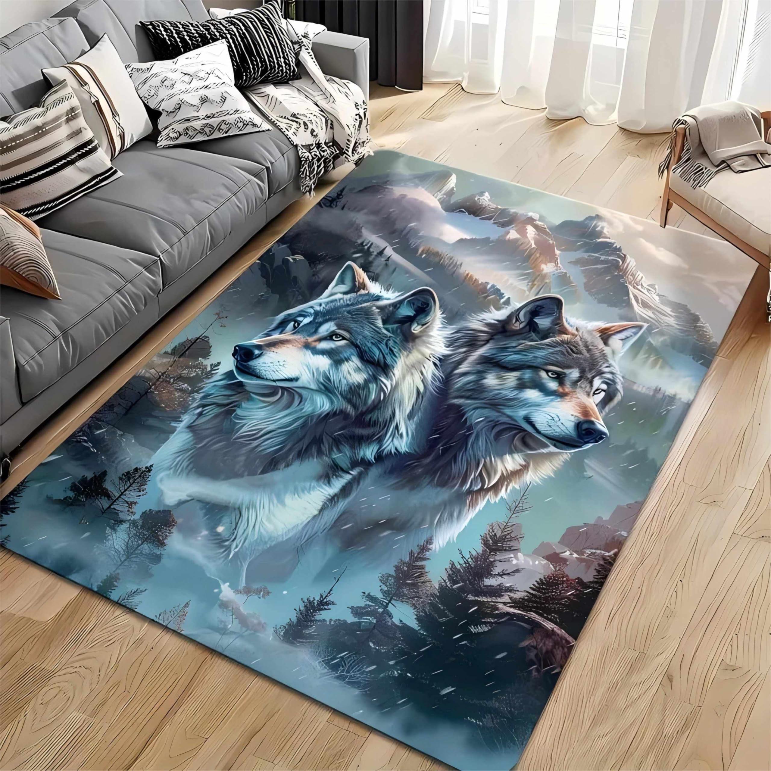 Wolf Area Rug,180x230cm,3D Snow Mountain Forest Icefield Beautiful Scenery Carpet Rugs for Bedroom, Animal Grey Wolf Head Washable Rugs, Wild Animals Print Non Slip Indoor Rugs for Living Room