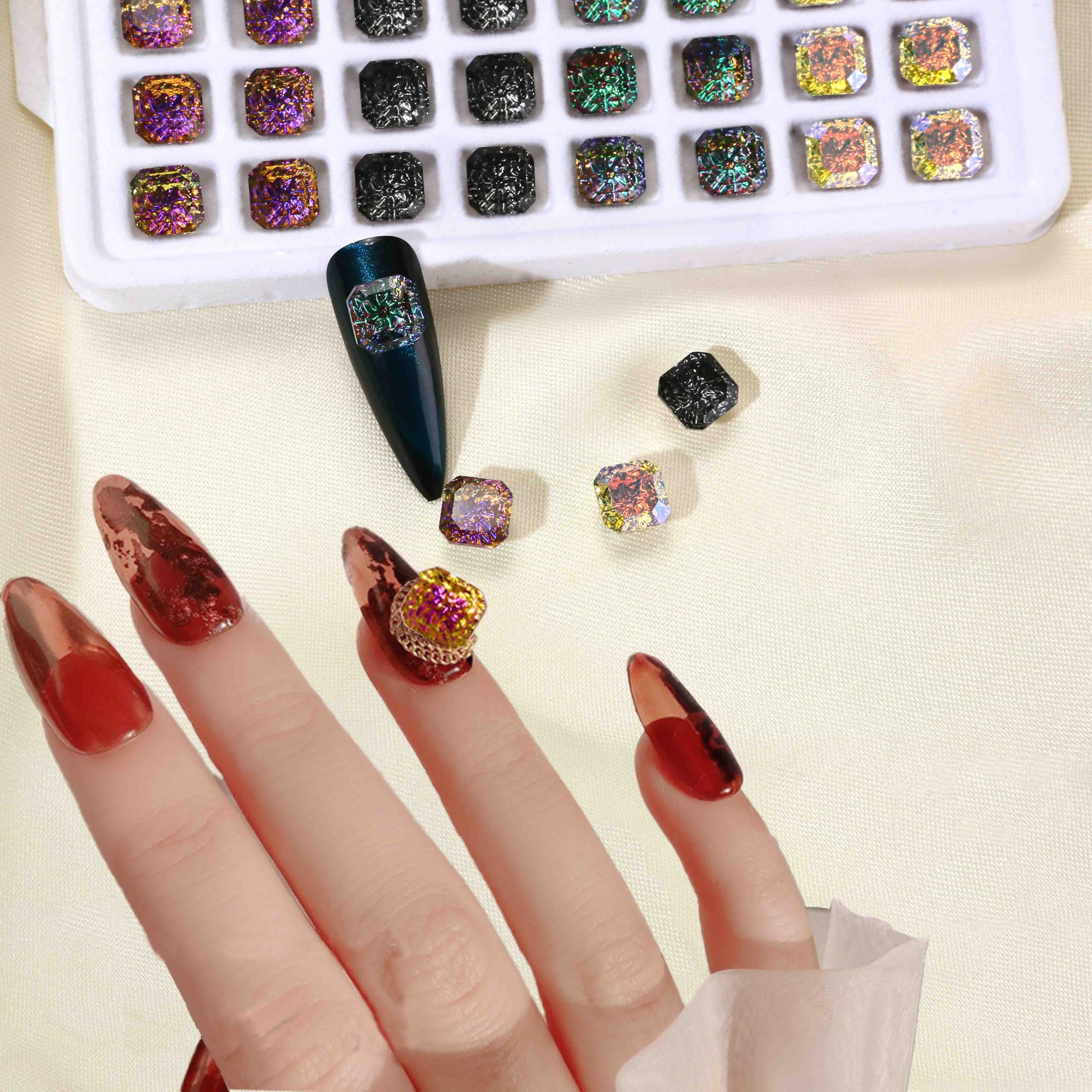 8mm Square Flatback Rhinestones,Radiating Embossed Design, DIY Nail Decorations Phone Cases and Craft Projects (10 for eEach of 8 Colors)