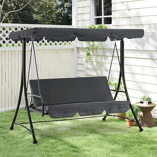 Miniatura 2 de MCombo Columpios de patio de 3 asientos con marco de acero resistente a la intemperie, toldo ajustable, columpio reclinable para porche al aire