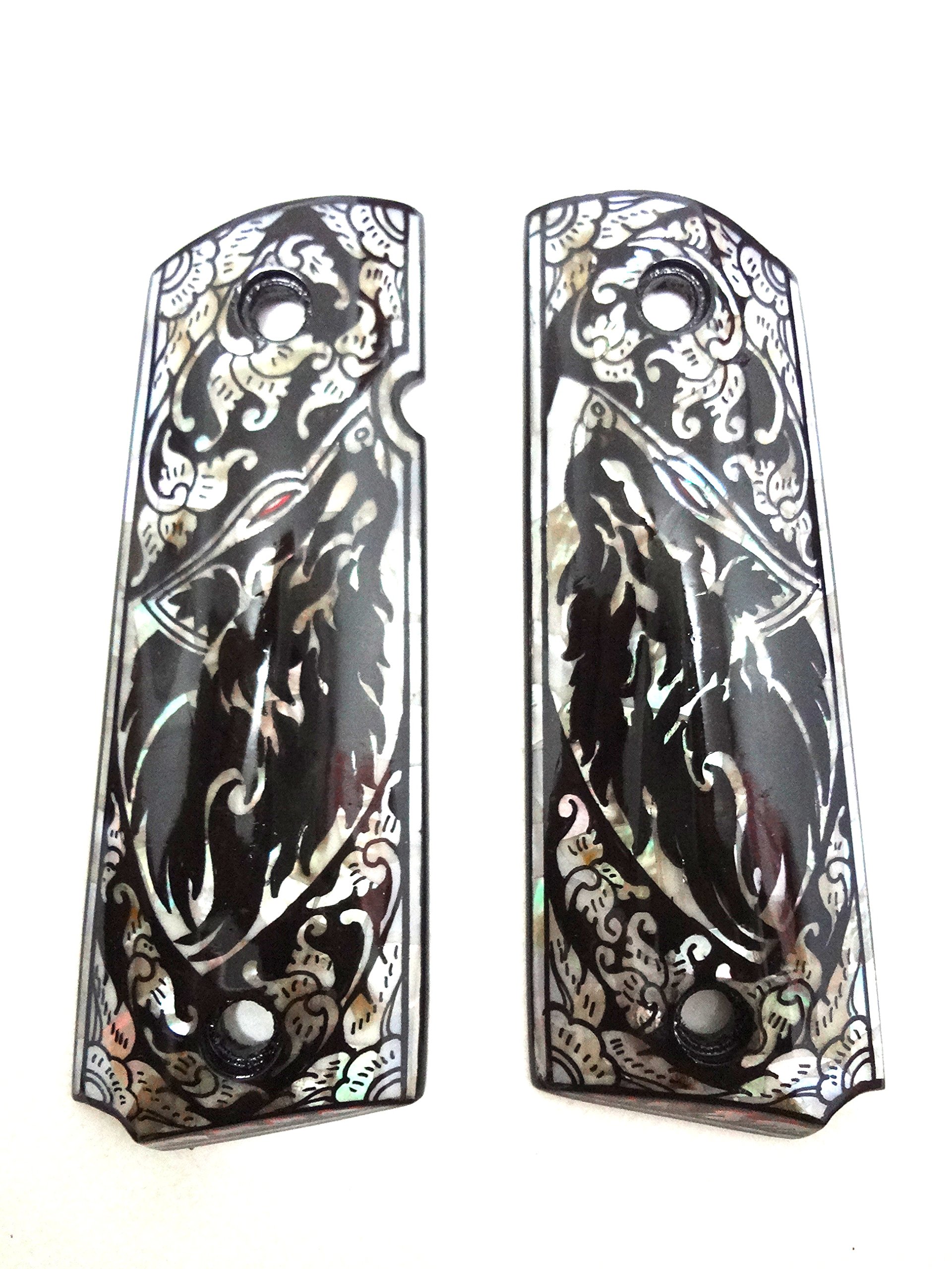 Mother of Pearl Inlay 1911 Grips Fit with Colt S&W Kimber Springfield Black Wolf