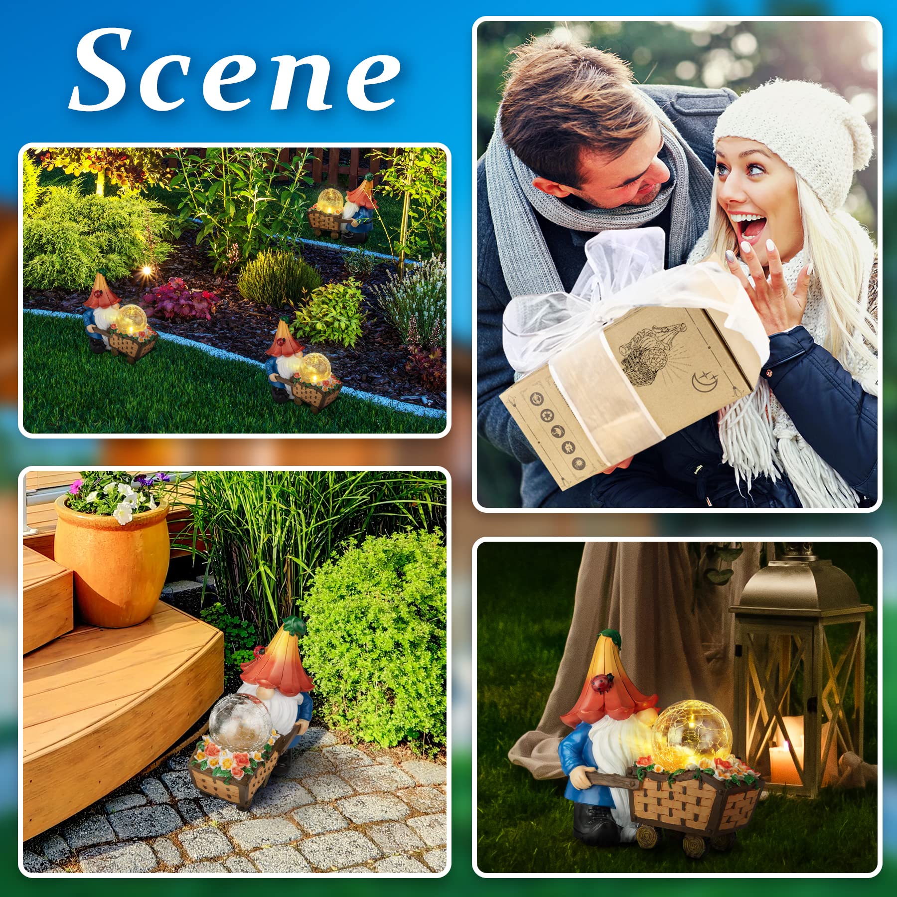 Gnomos de jardín para decoración al Aire Libre, gnomos solares, estatuas de Garden, decoración de jardín con orbe mágico con Luces LED, gnomo al Aire Libre para Patio