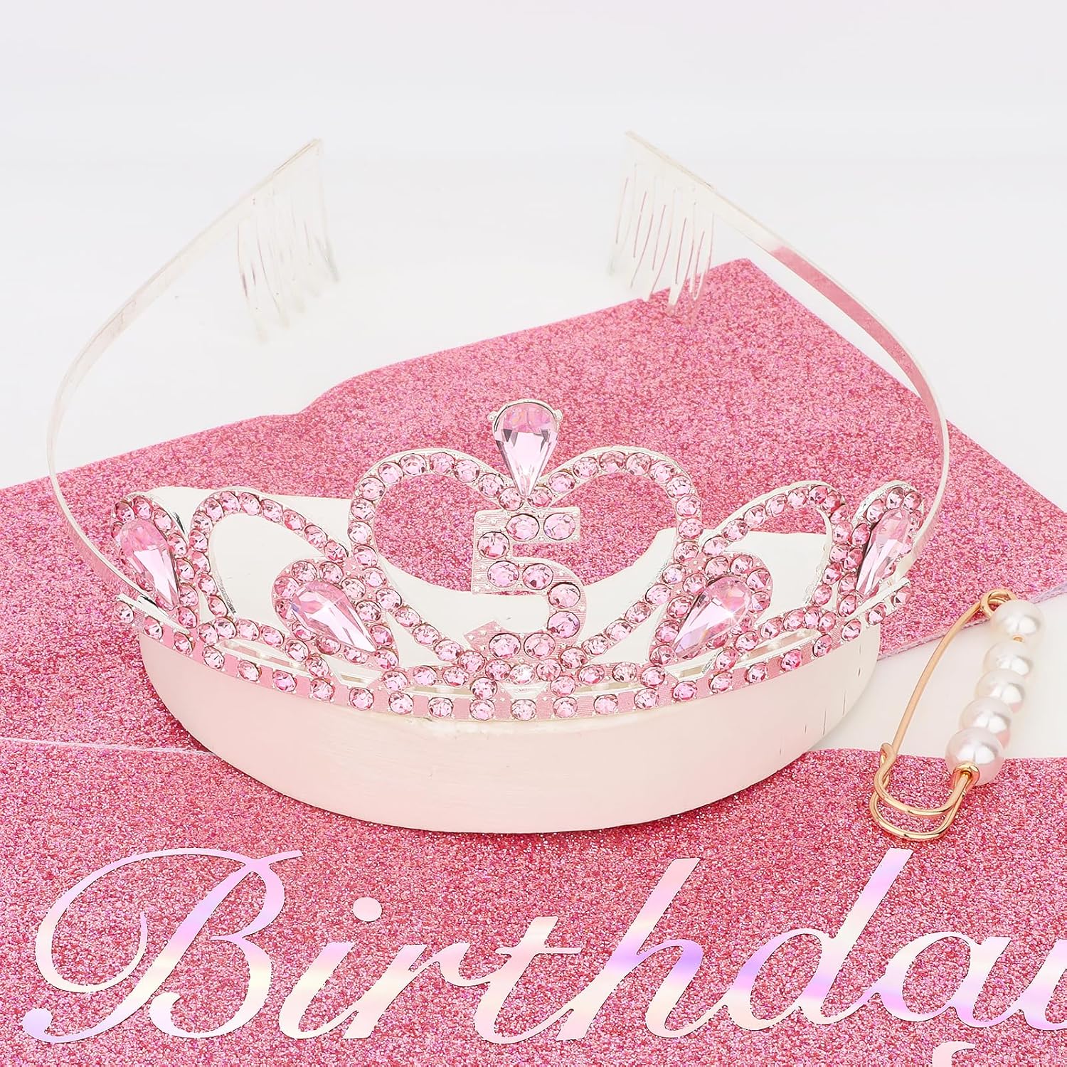 Jaciya 5th Birthday Crown & Sash Set - Princess Tiara with Rhinestones, Birthday Girl Sash & Hair Clips Party Accessories