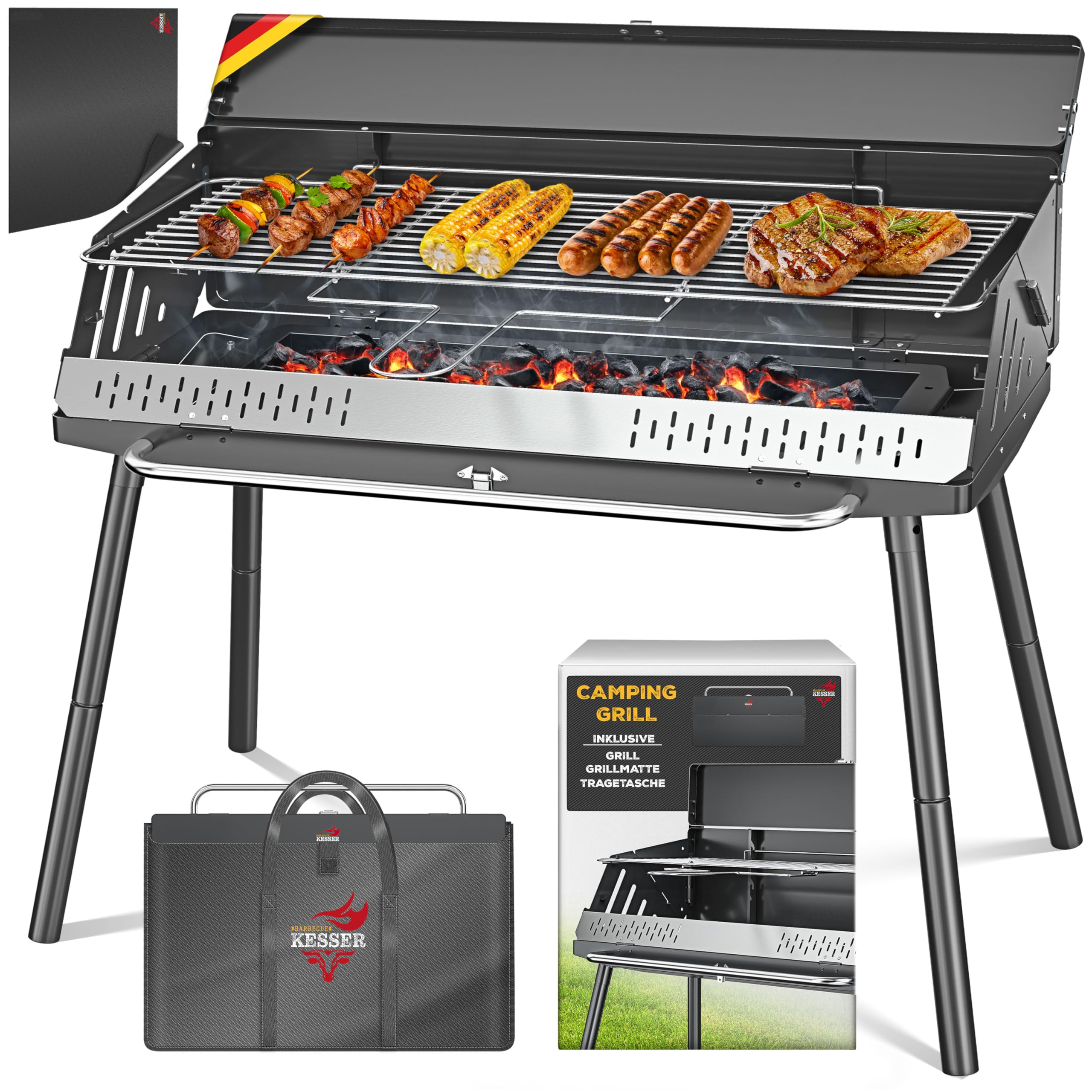 KESSER® Barbecue de camping pliable portable | Barbecue au charbon de bois en acier revêtu par pulvérisation avec grille, tapis et sac de transport