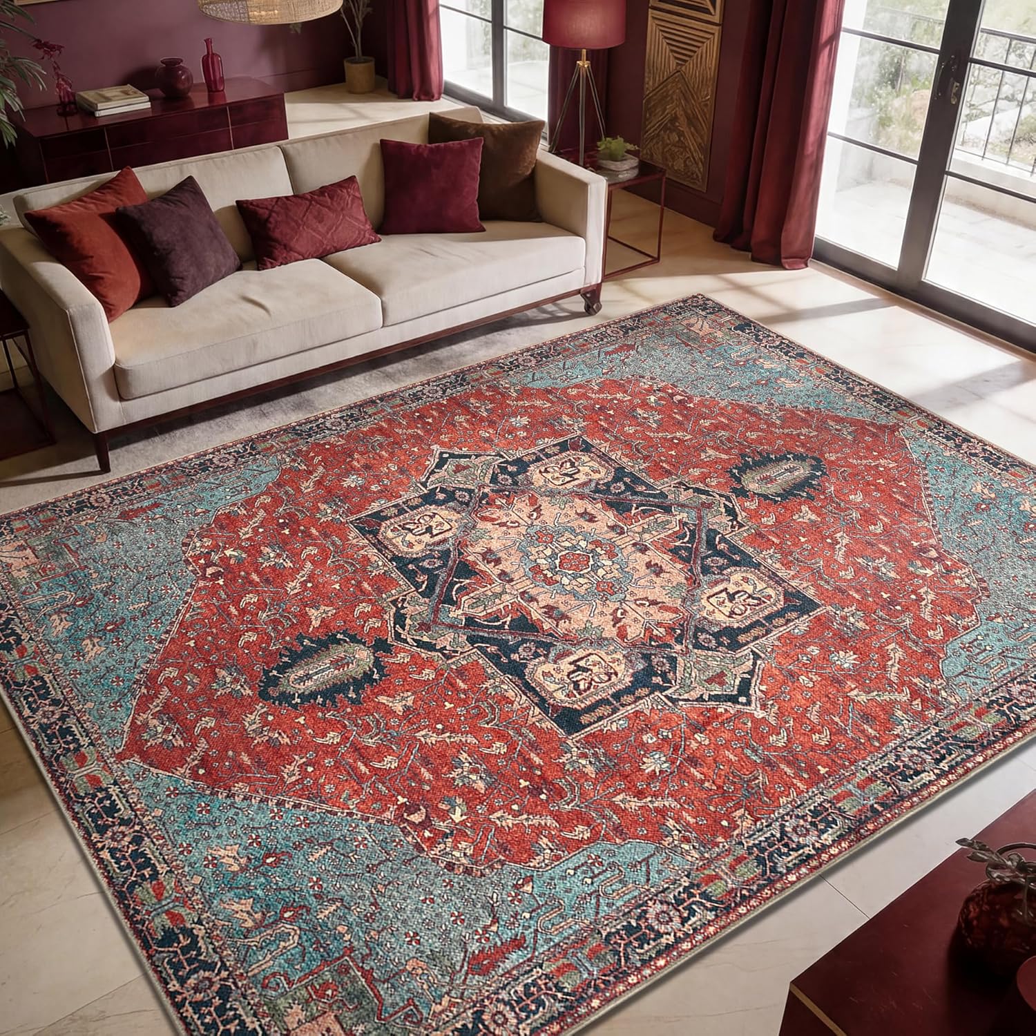 Keen Home Design 9x12 Rug - Machine Washable Area Rug with Non-Slip Backing, Ideal for Living Room, Dining Room, Bedroom - Vintage, Easy Clean, Durable, Low Pile Rug - (9' x 12')