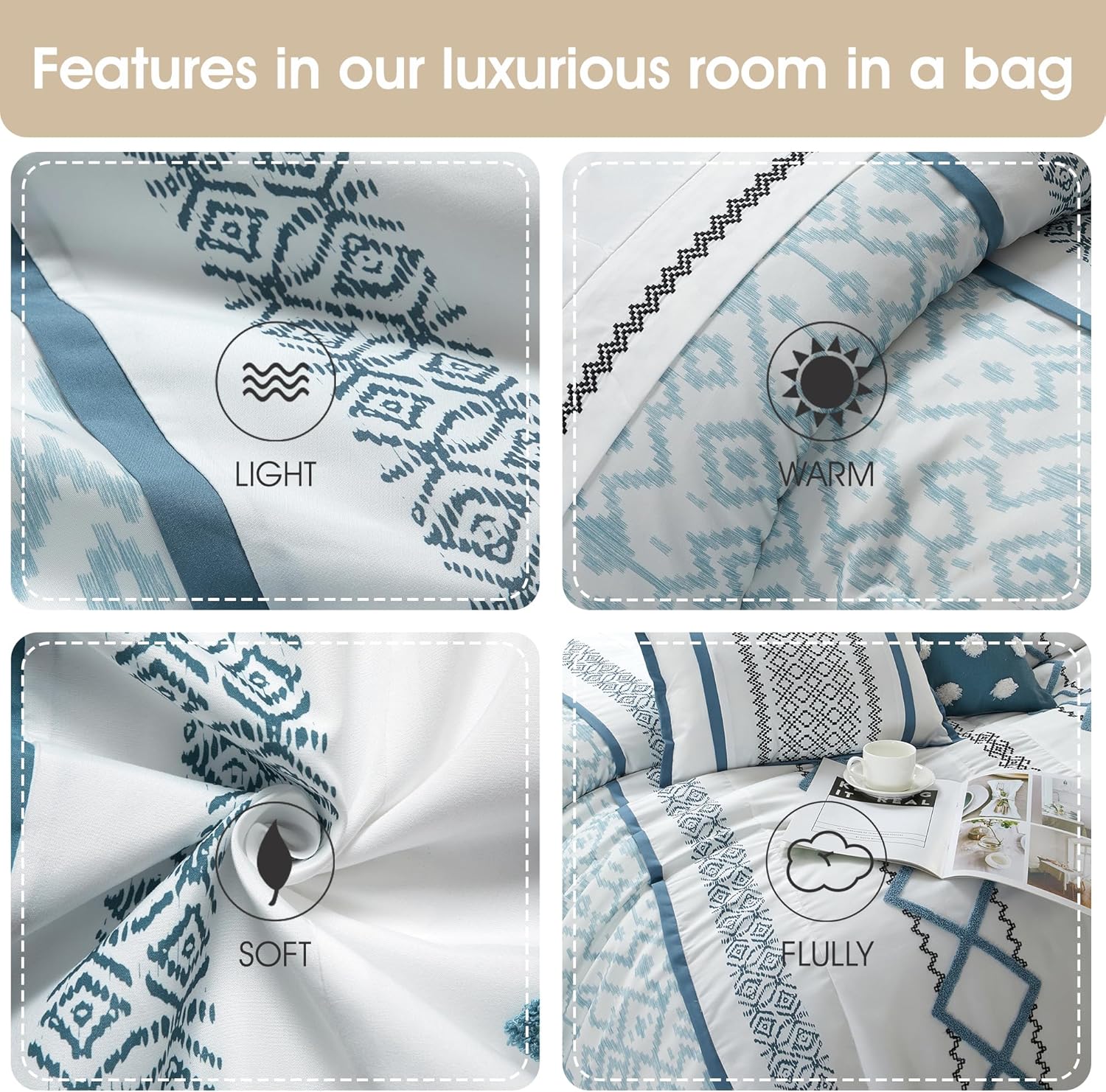 Stratford Park Blue Comforter Set Queen Size, 15 Piece Terry Embroidery All Season Room-in-A-Bag, Matching Curtains, Sheet Set, Pillows & Shams
