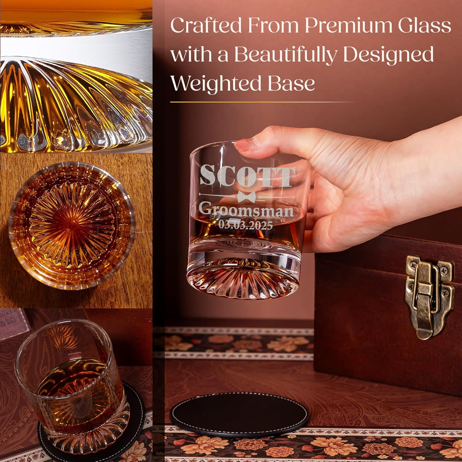 Custom Groomsmen Whiskey Gift Set, Glass Coaster Whiskey Stones Wood Box image 3