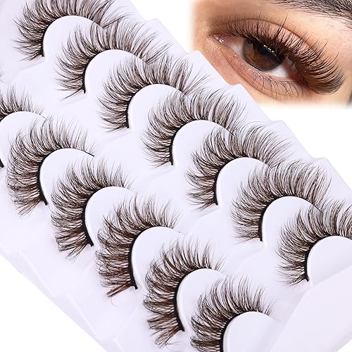 ALPHONSE Tira de pestañas marrones extensiones de pestañas postizas de color marrón oscuro aspecto natural pestañas cortas y rizadas D paquete de 7