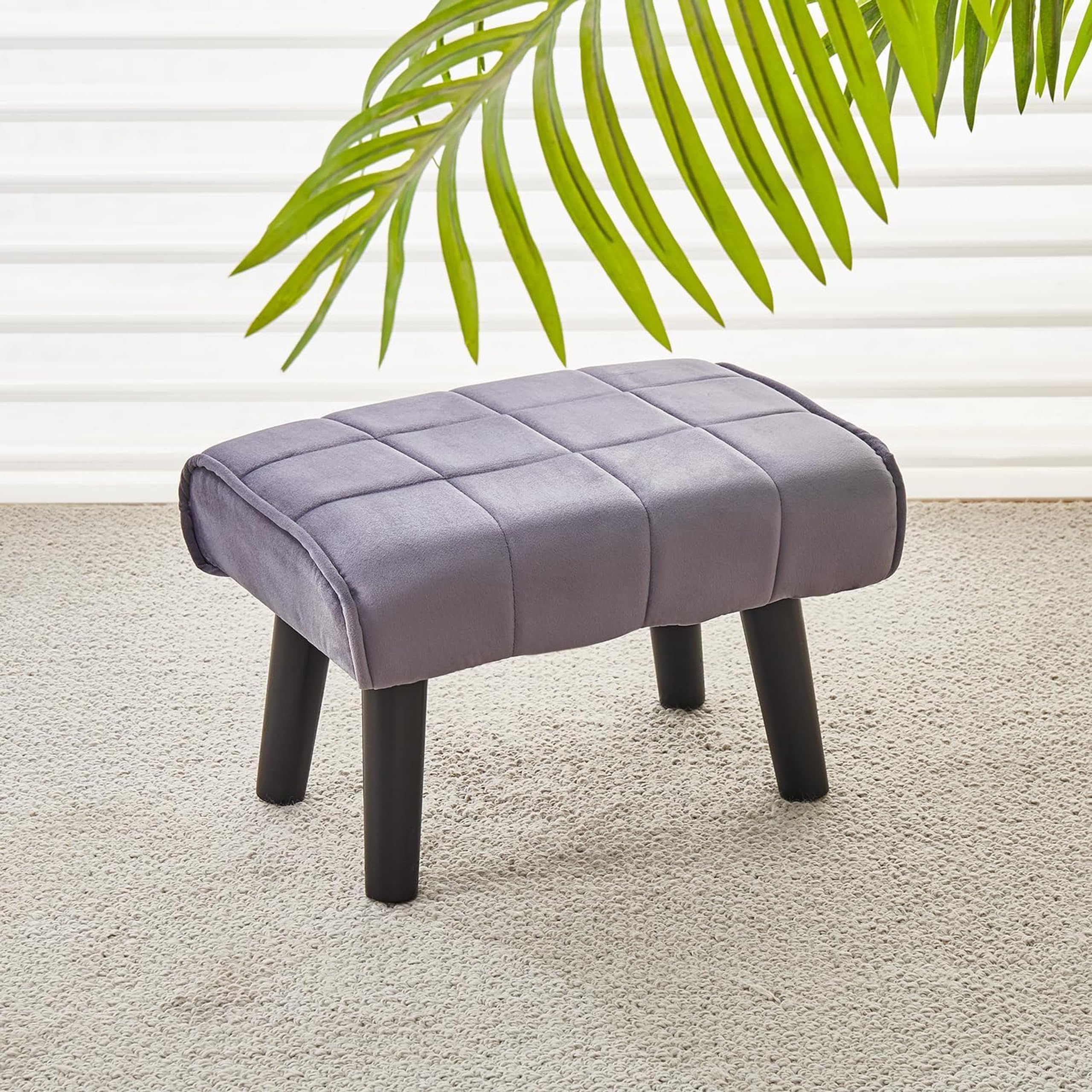 Rectangular Ottoman Footstool with Velvet Soft Footrest and Wood Legs for Sofa Additional Living Room Seating Tiny Stool for Pets on The Living Room Couch-Grey
