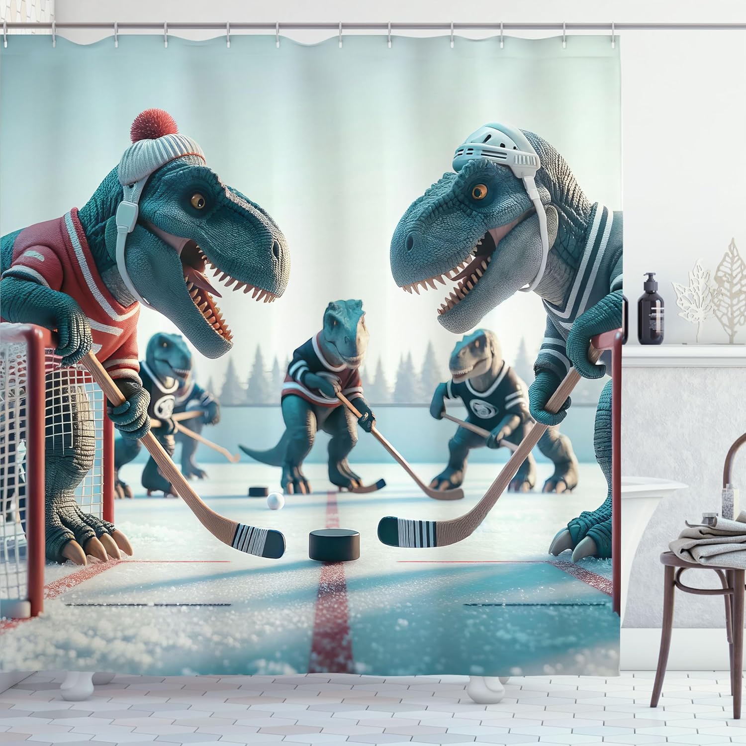 Ambesonne Dinosaur Shower Curtain, Humorous T-Rex Characters Playing Ice Hockey Hobby Sports Themed Print, Cloth Fabric Bathroom Decor Set with Hooks, 69" W x 84" L, Petrol Blue Pale Ruby